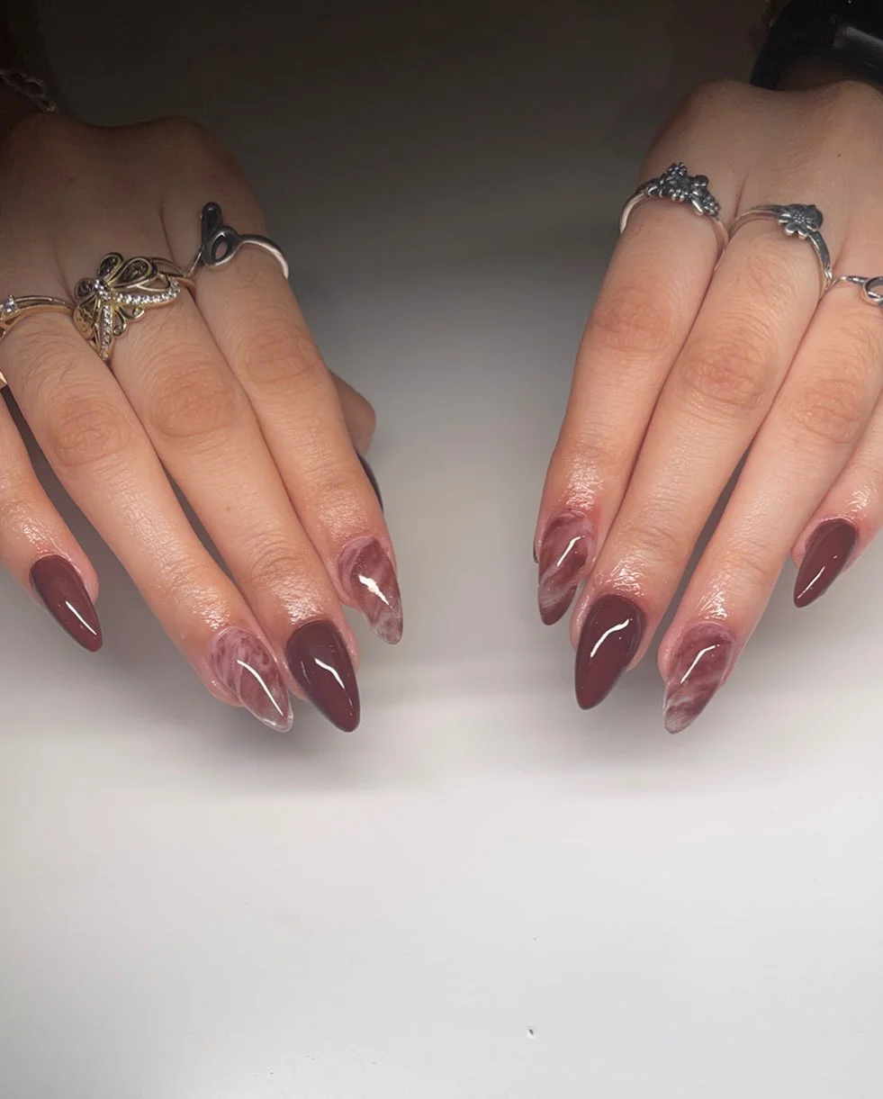 fall almond nails 2026 Chocolate Marble Almond Nails With Smoky Elegance