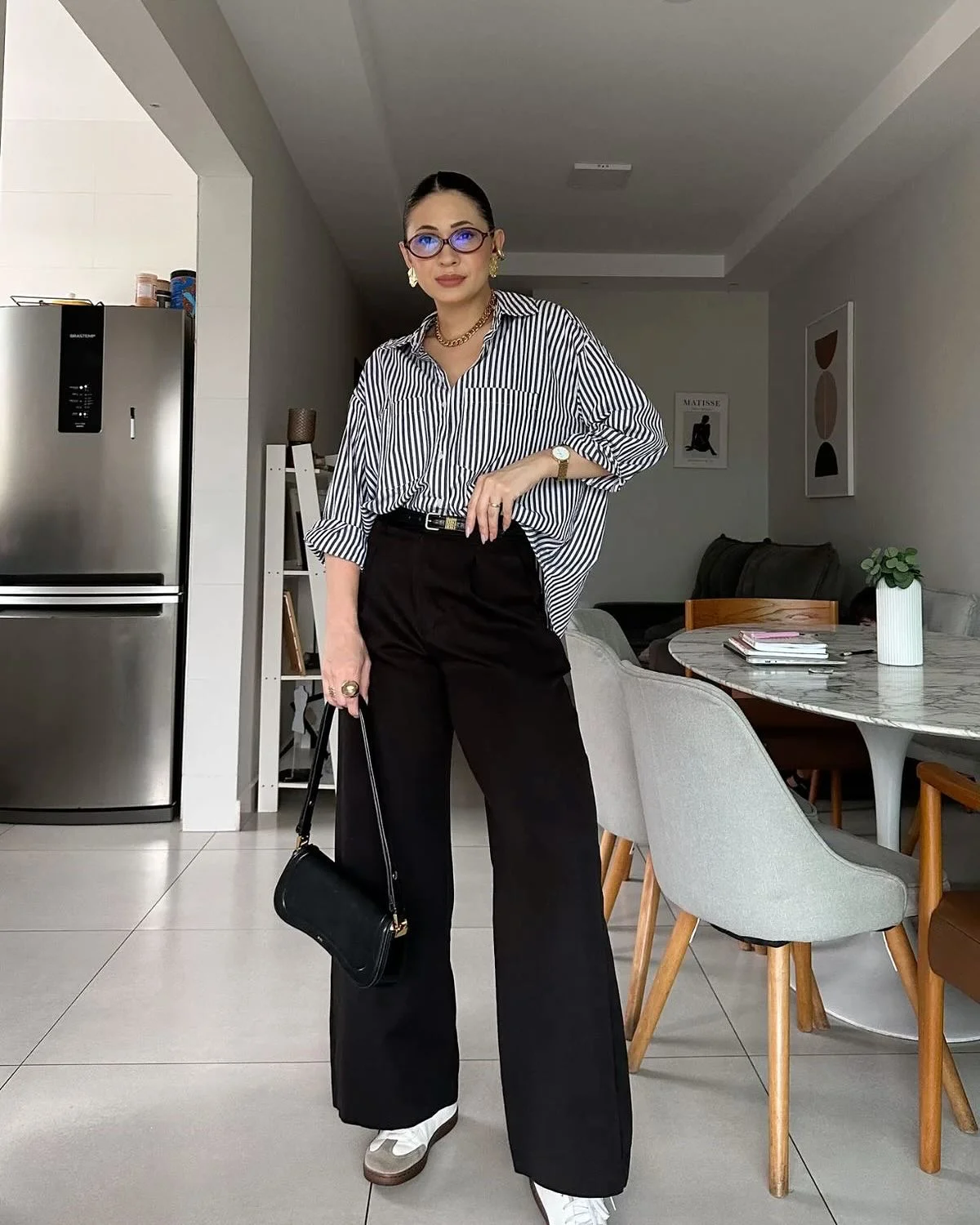 fall outfits wide leg trousers 2026 Striped Shirt And Black Tailoring For Everyday Office Style