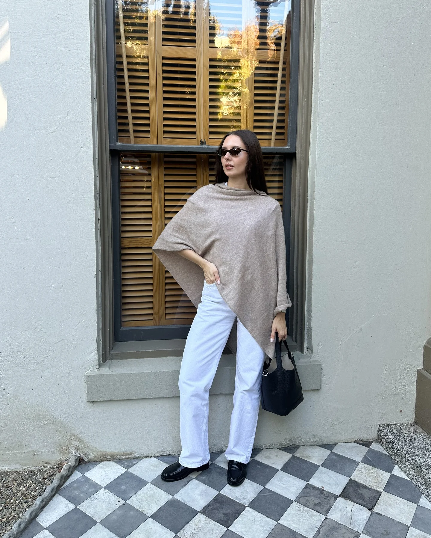 fall poncho outfits 2026 Modern Taupe Poncho With Crisp White Denim