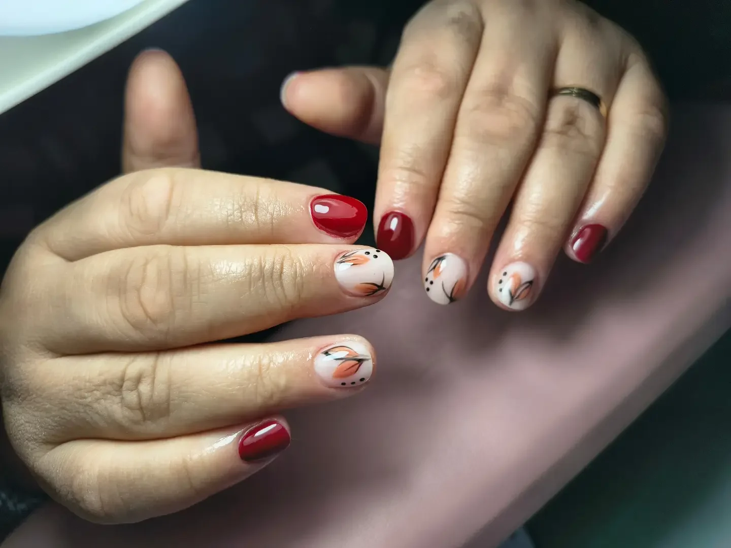 fall red nails 2026 Soft Autumn Florals With Rich Cranberry Polish