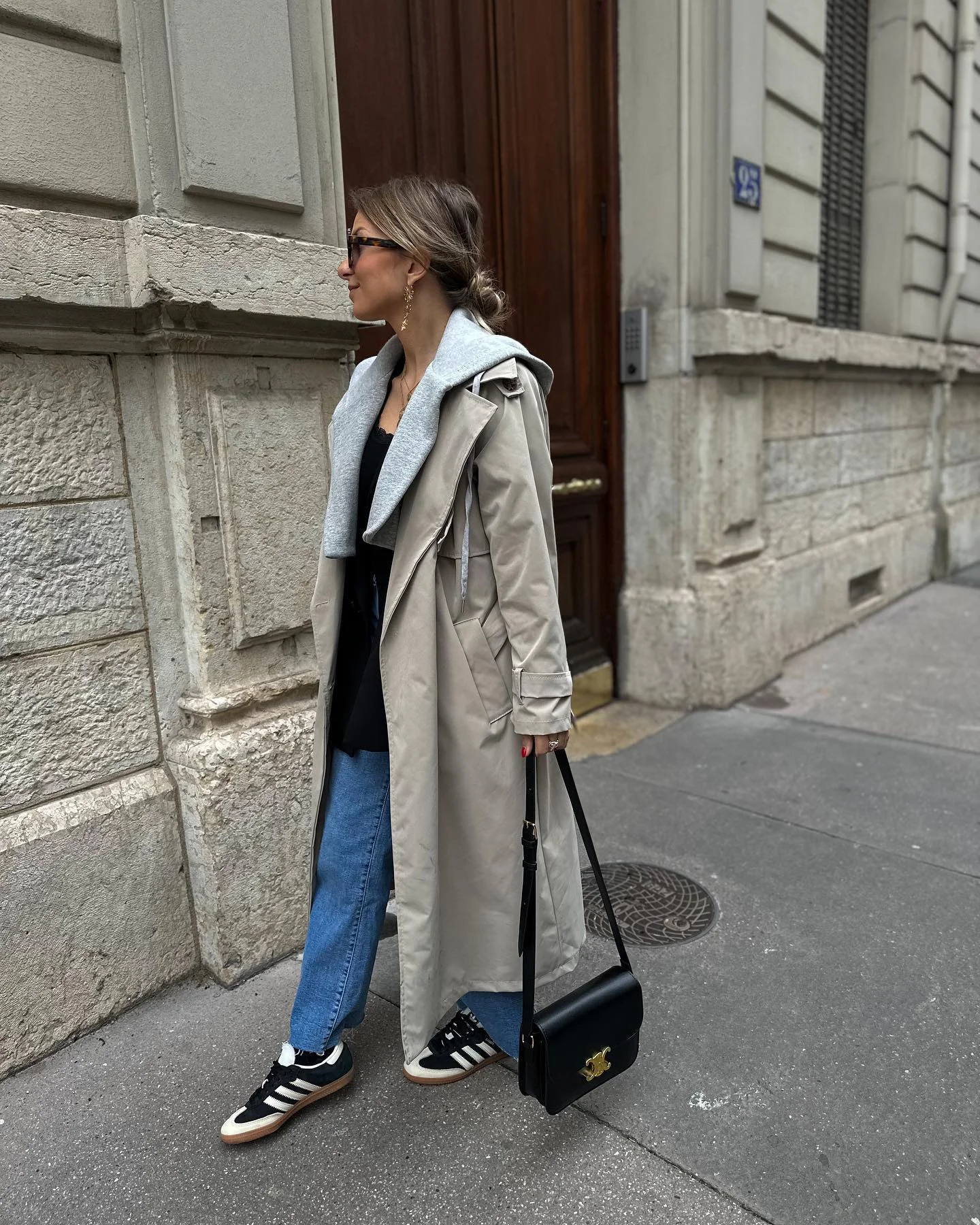 trench coat fall outfits 2026 Layered Beige Trench With Hoodie And Denim