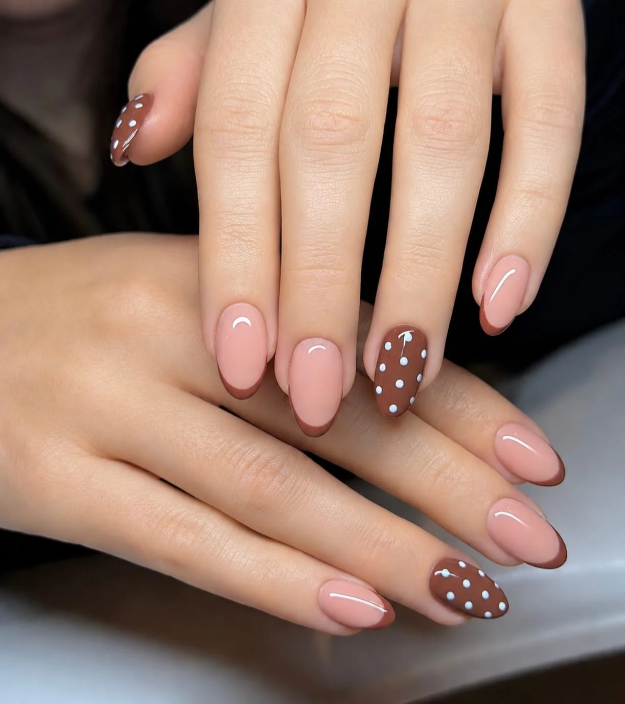 fall almond nails 2026 Mocha Polka Dot Minimalism With Vintage Charm