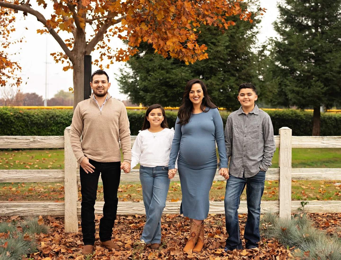 fall photoshoot outfits 2026 Coordinated Blue And Neutral Family Style