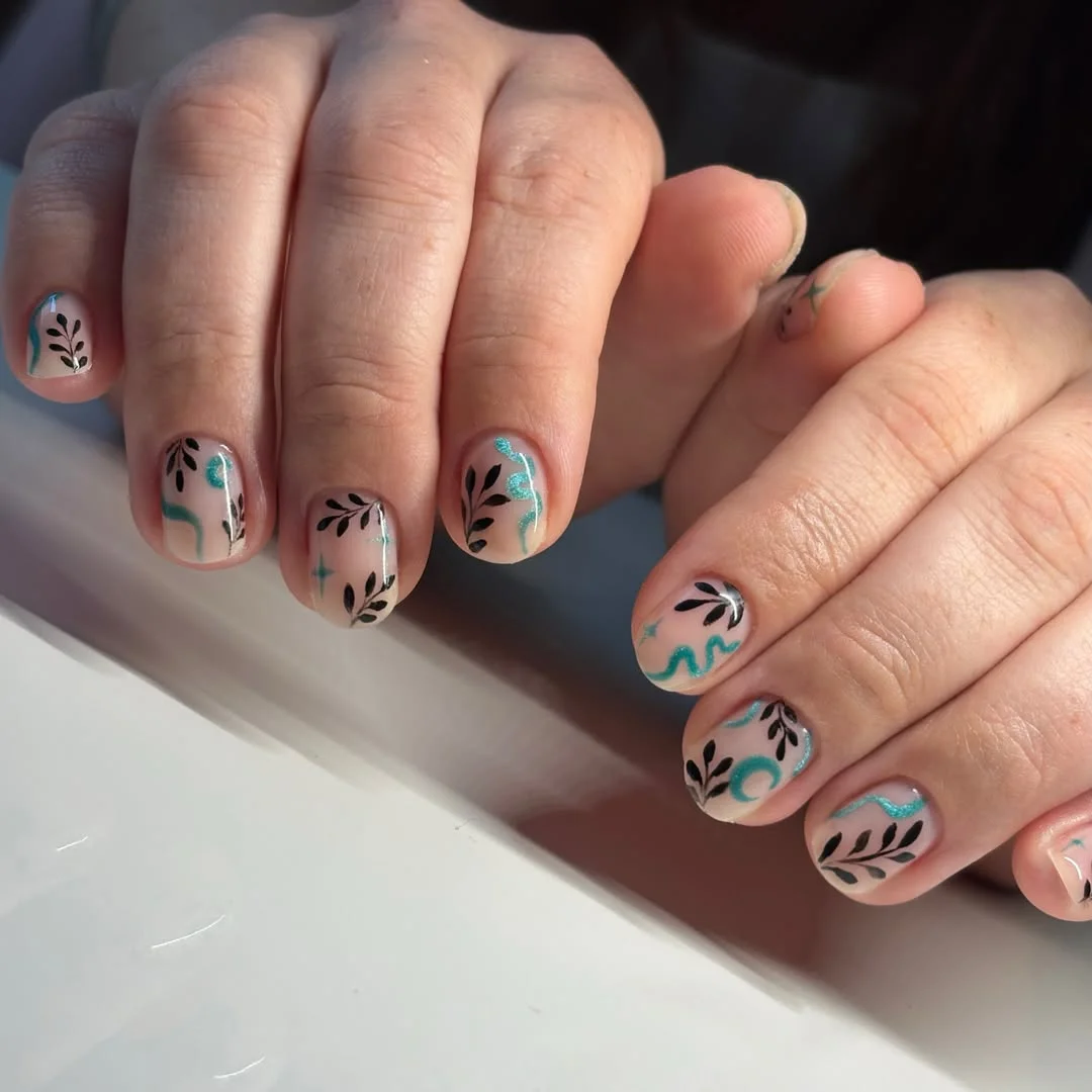 fall short nails 2026 Minimal Black Botanical Nails With Turquoise Swirls