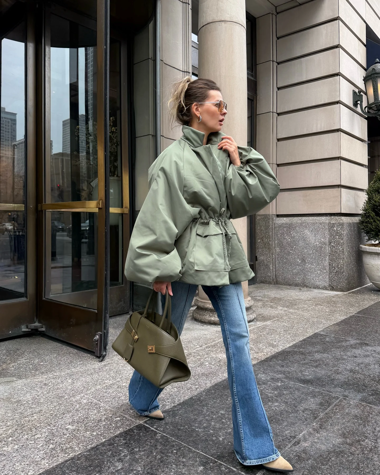 september fashion trends 2026 Oversized Sage Outerwear With Flared Denim