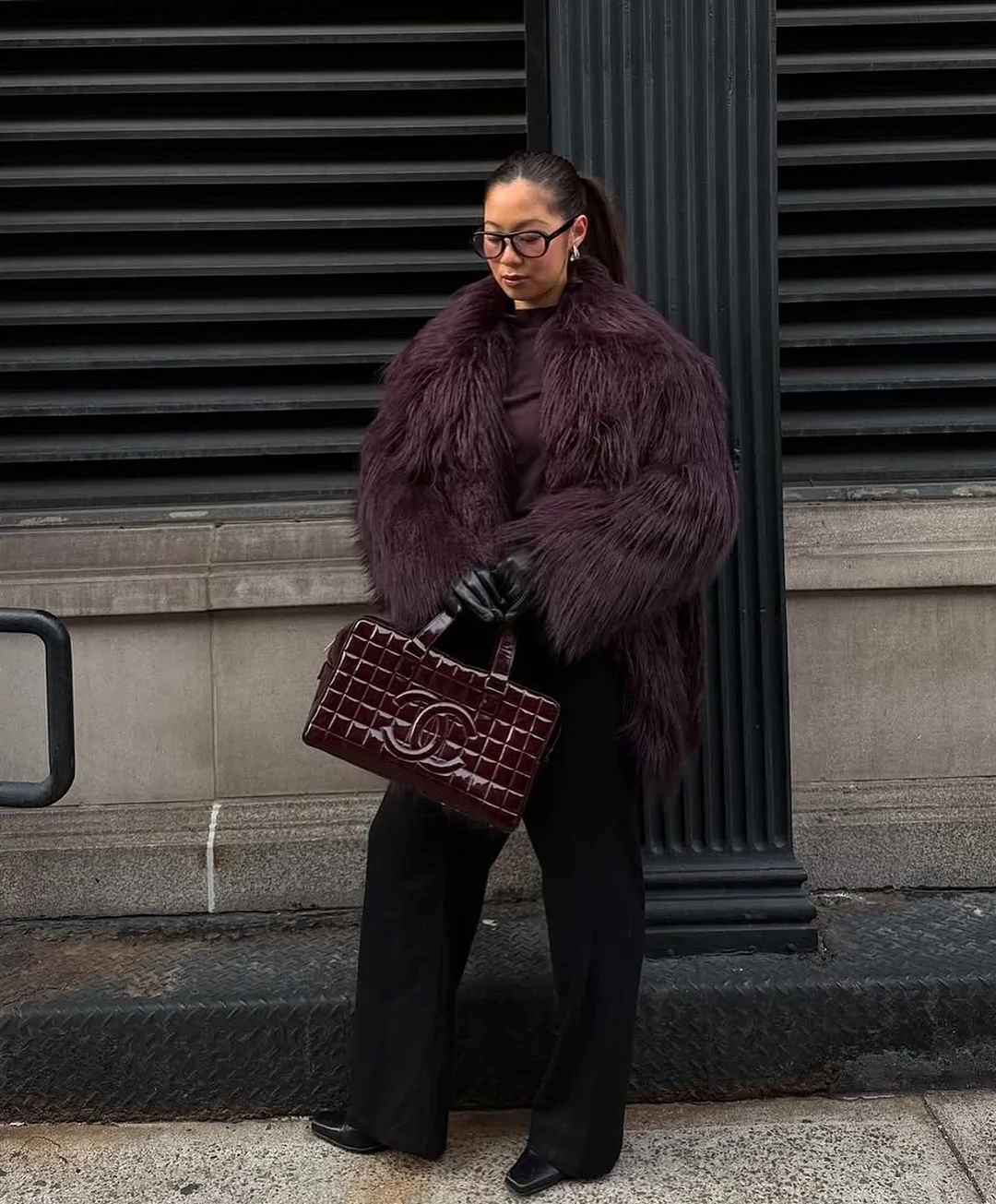 shaggy jacket Deep Burgundy Statement Jacket With Modern Monochrome