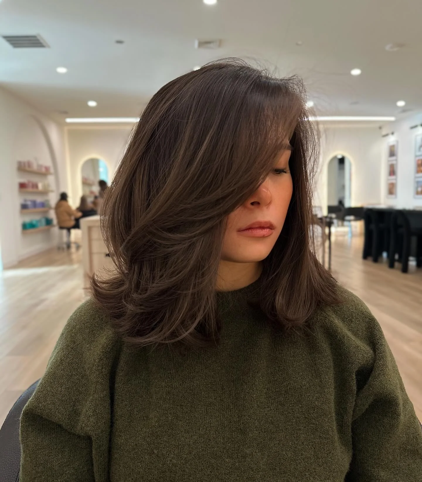 choppy medium layered hair Elegant Espresso Layers With Sweeping Side Bangs