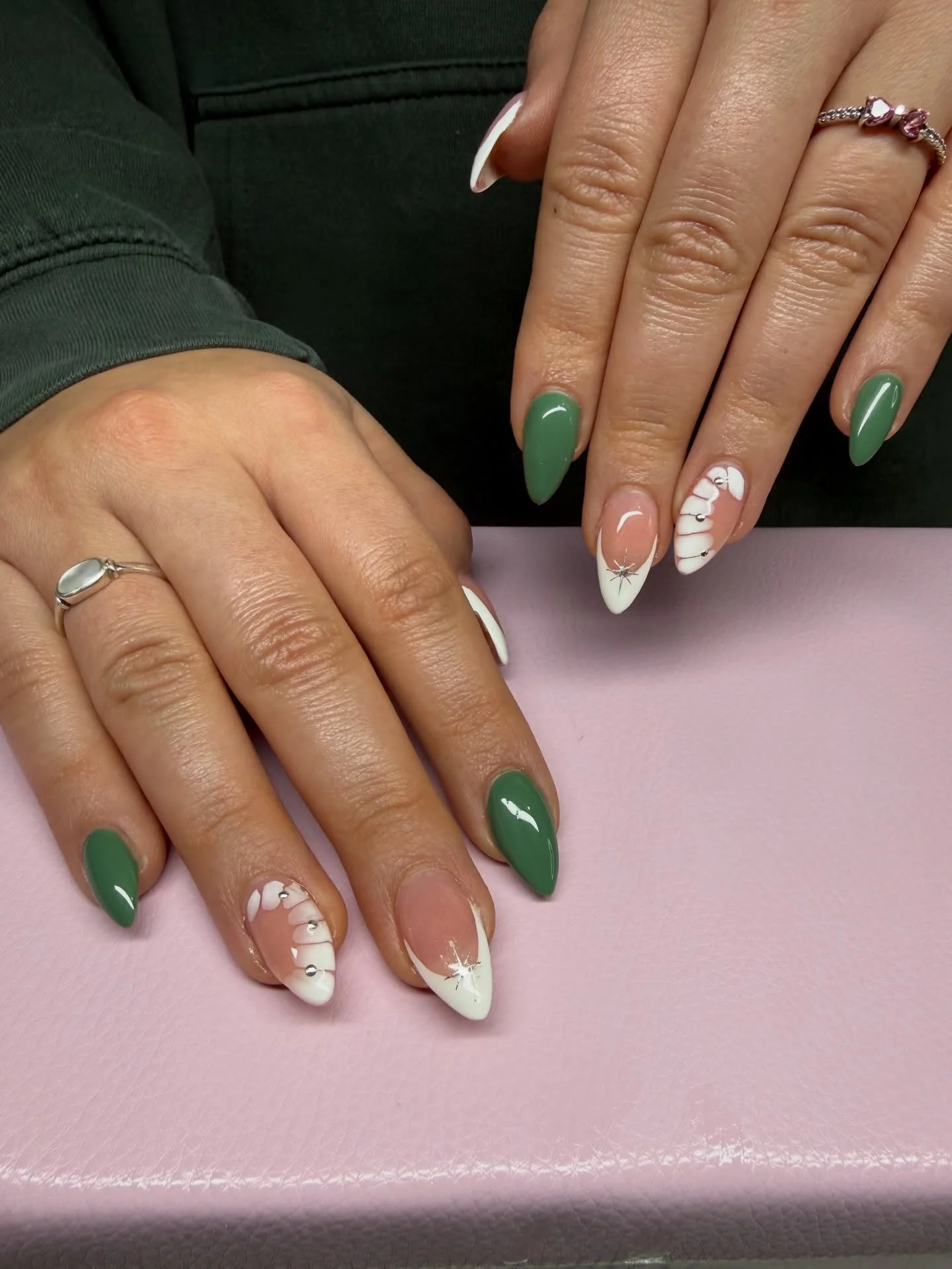 fall almond nails 2026 Muted Sage Green French Almond Nails With Floral Accent
