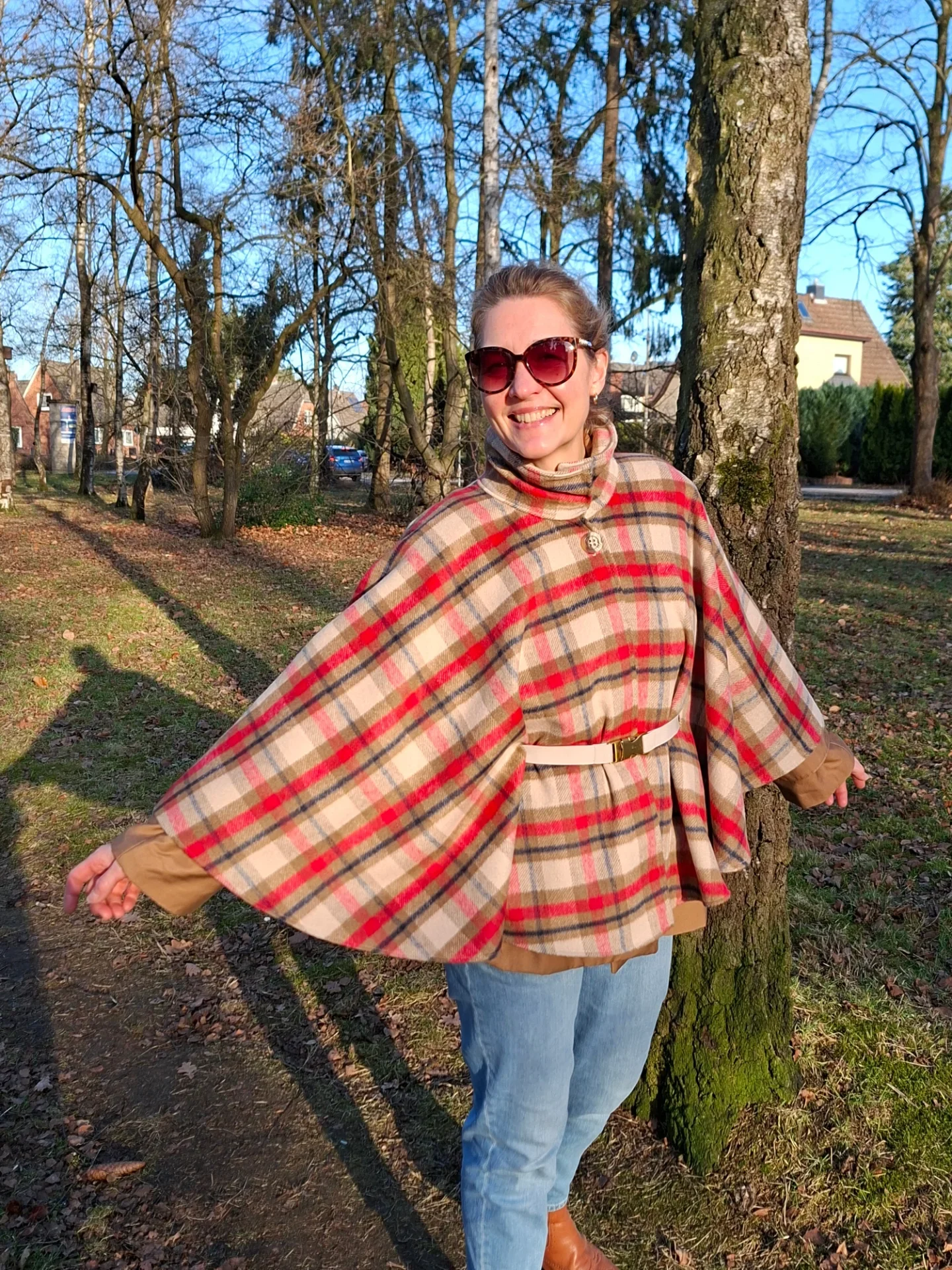 fall poncho outfits 2026 Classic Plaid Poncho With A Defined Waist
