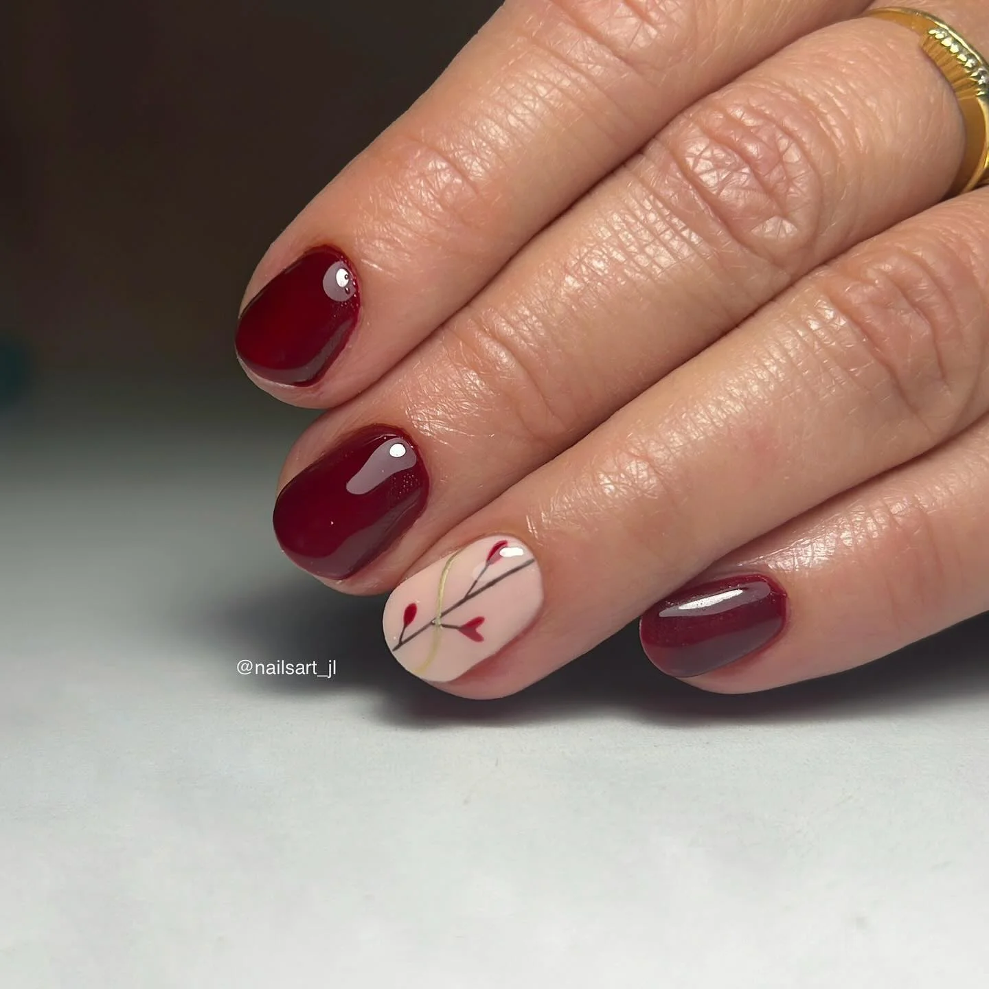 fall short nails 2026 Deep Burgundy Accent Nails With Minimal Heart Branch Art