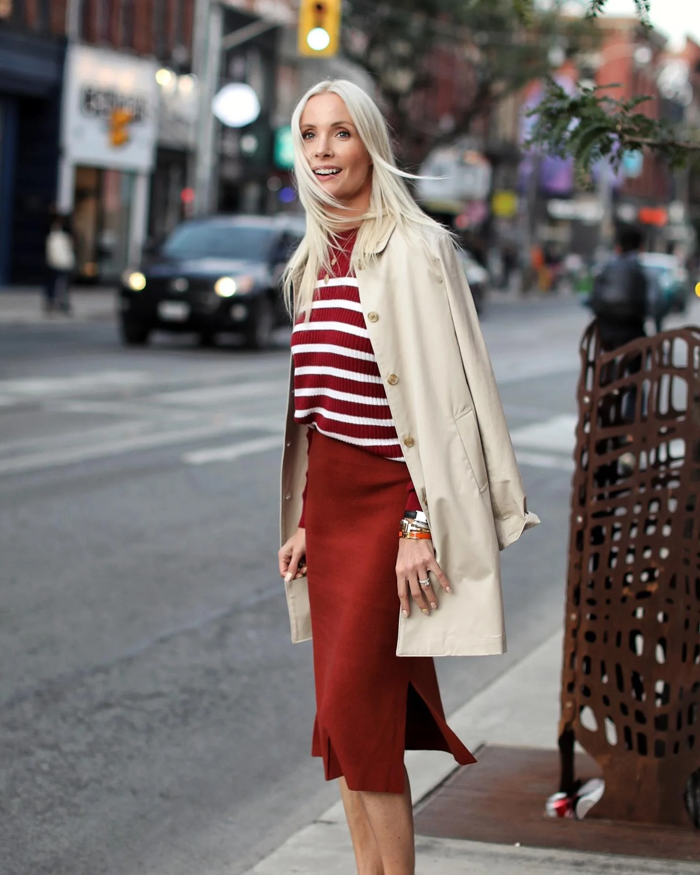 knit skirt outfits fall 2026 Burgundy Knit Skirt Styled With Classic Breton Stripes