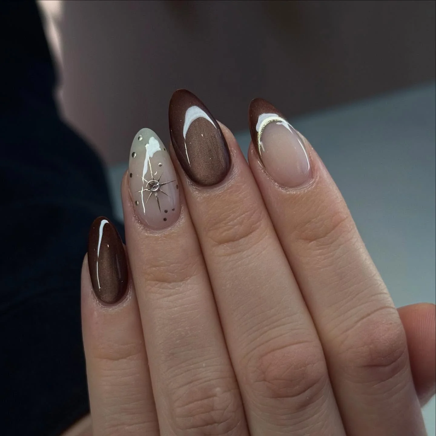 fall almond nails 2026 Chocolate French Tips With Celestial Accent Details