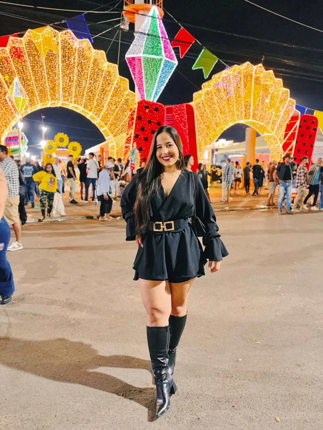 fall festival outfits 2026 Elegant Black Romper With Statement Gold Belt