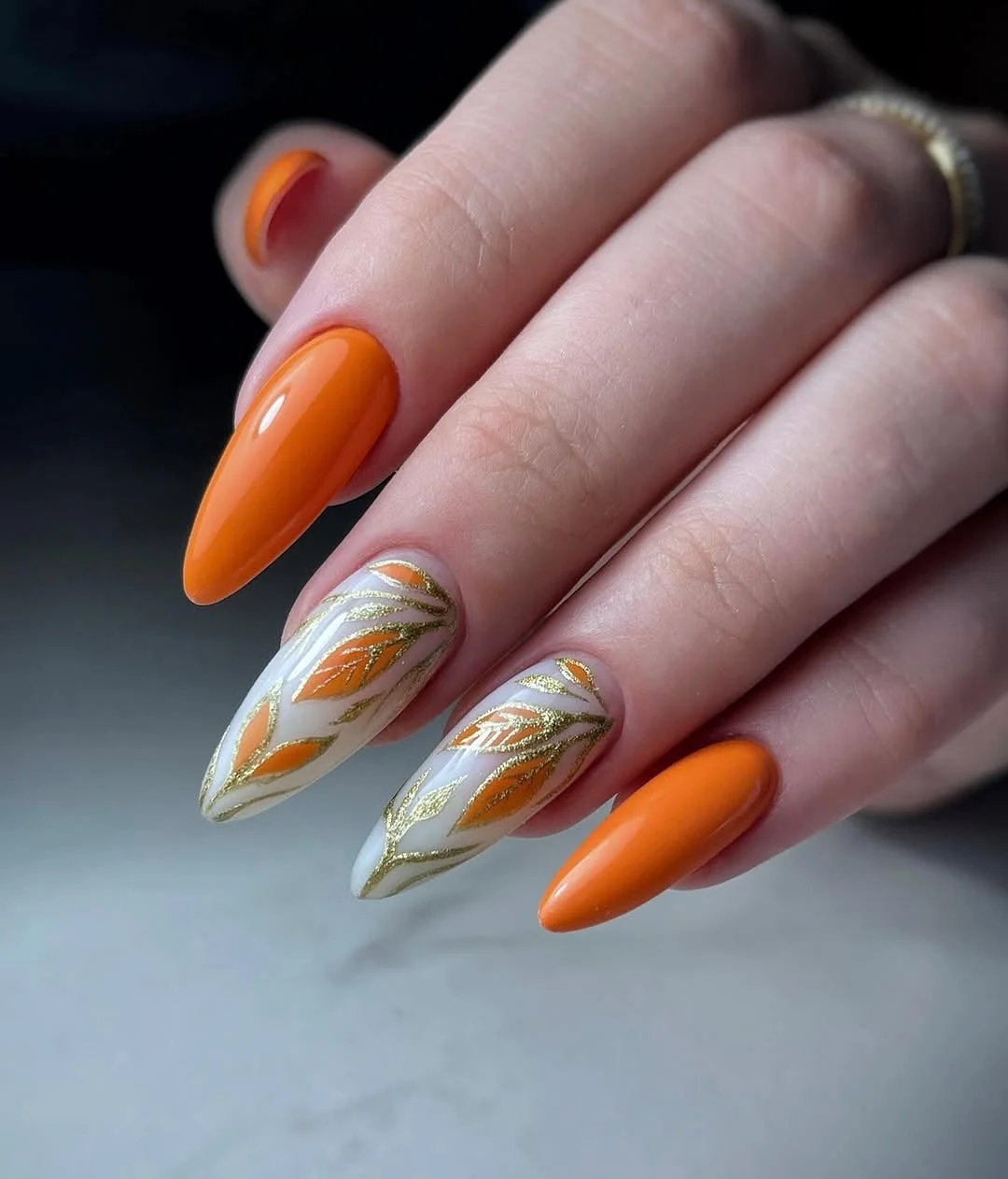 fall nail for all plates skin 2026 Golden Harvest Orange Almond Nails