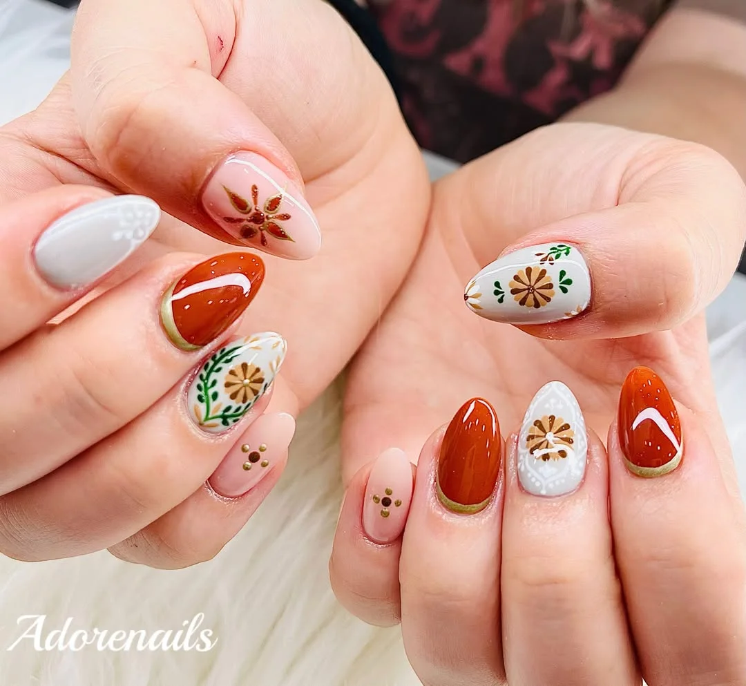 september nail art ideas 2026 Modern Scandinavian Harvest Almond Manicure