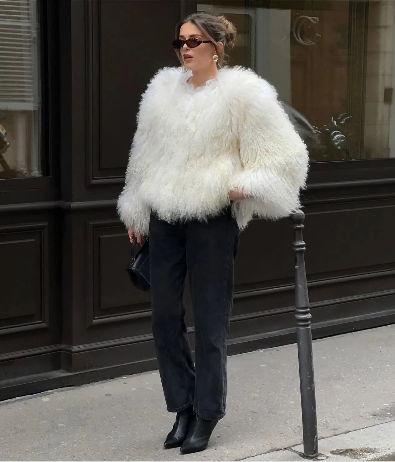 shaggy jacket Classic White Faux Fur With Relaxed Black Denim
