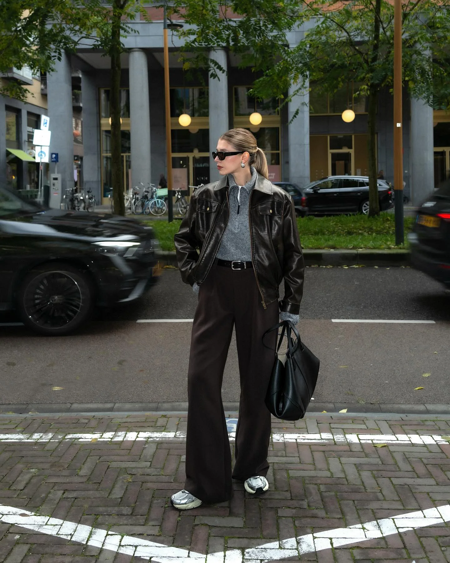 fall outfits wide leg trousers 2026 Leather Bomber And Tailored Trousers With Sporty Balance