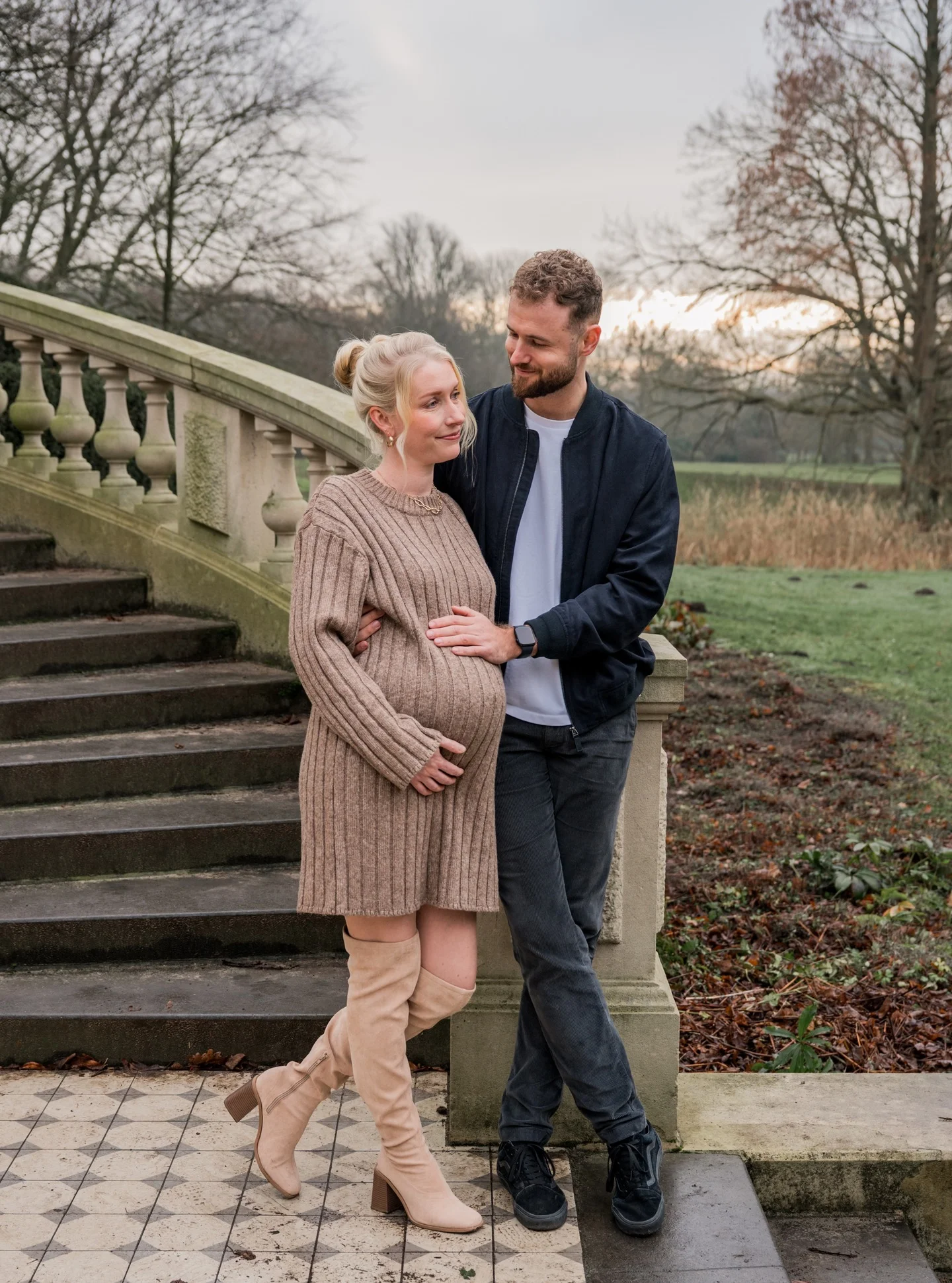 fall photoshoot outfits 2026 Neutral Knit Dress With Tall Boots For Elegant Autumn Couples