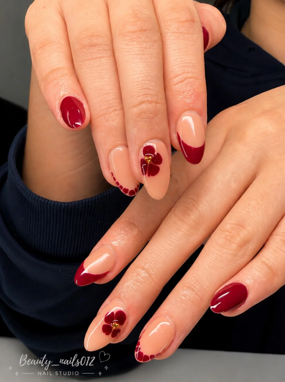 fall red nails 2026 Soft Nude Florals With Burgundy French Details