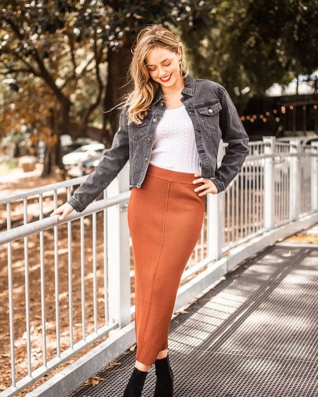 knit skirt outfits fall 2026 Rust Knit Maxi Skirt With A Casual Denim Jacket
