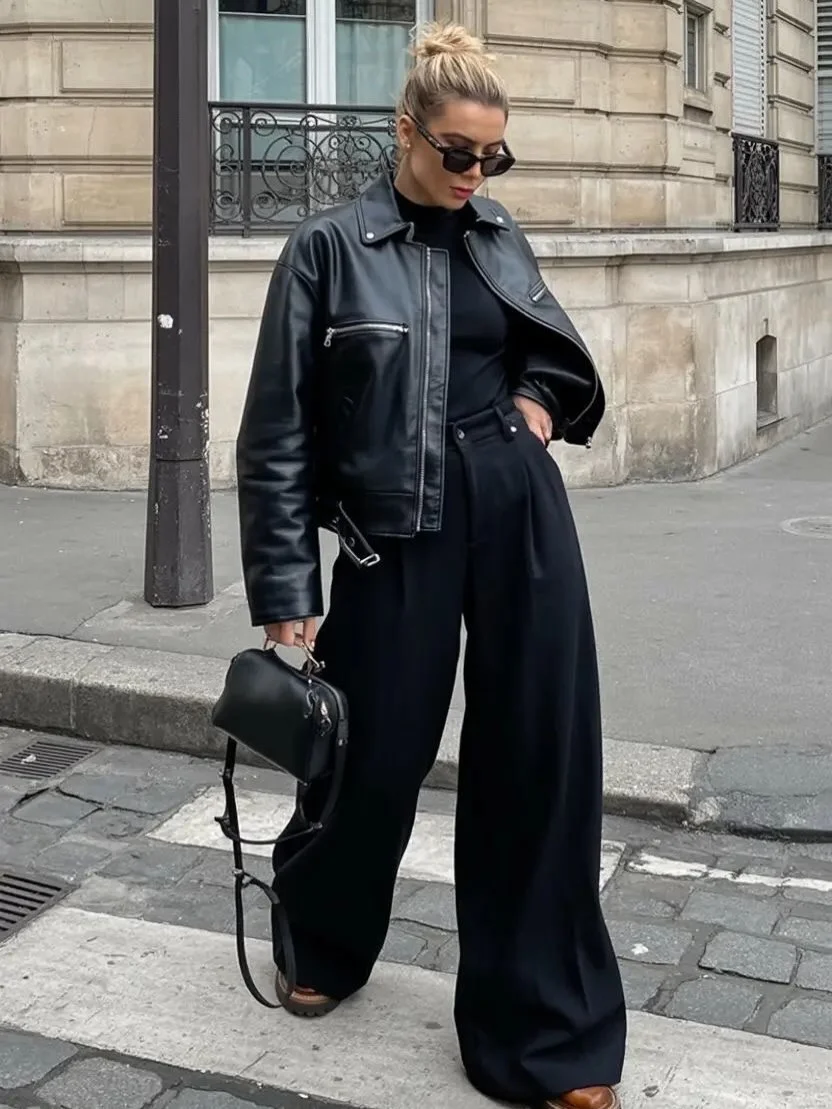 fall outfits wide leg trousers 2026 All Black Tailoring With A Modern Leather Jacket