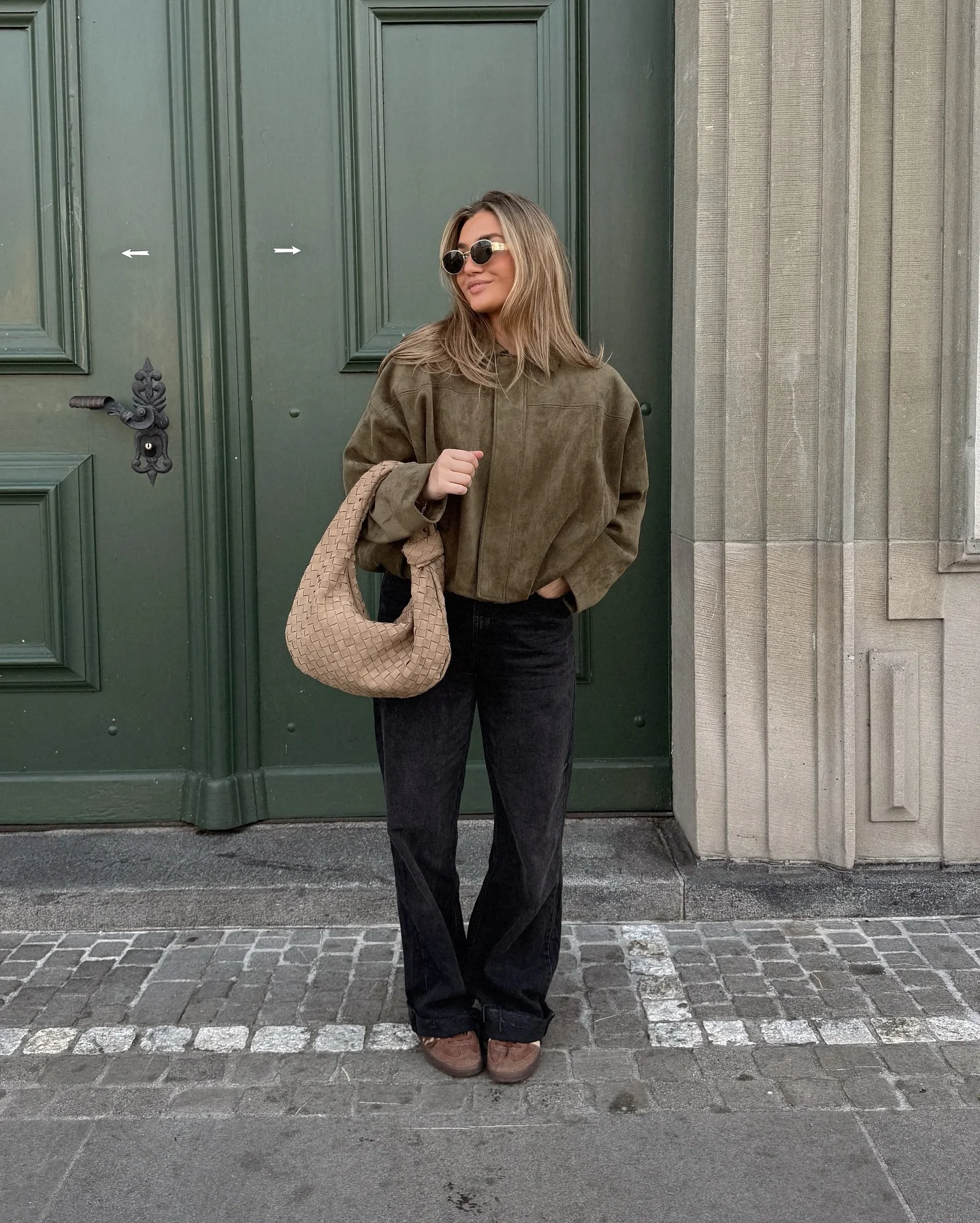 september outfits ideas 2026 Olive Suede Jacket With Relaxed Black Denim