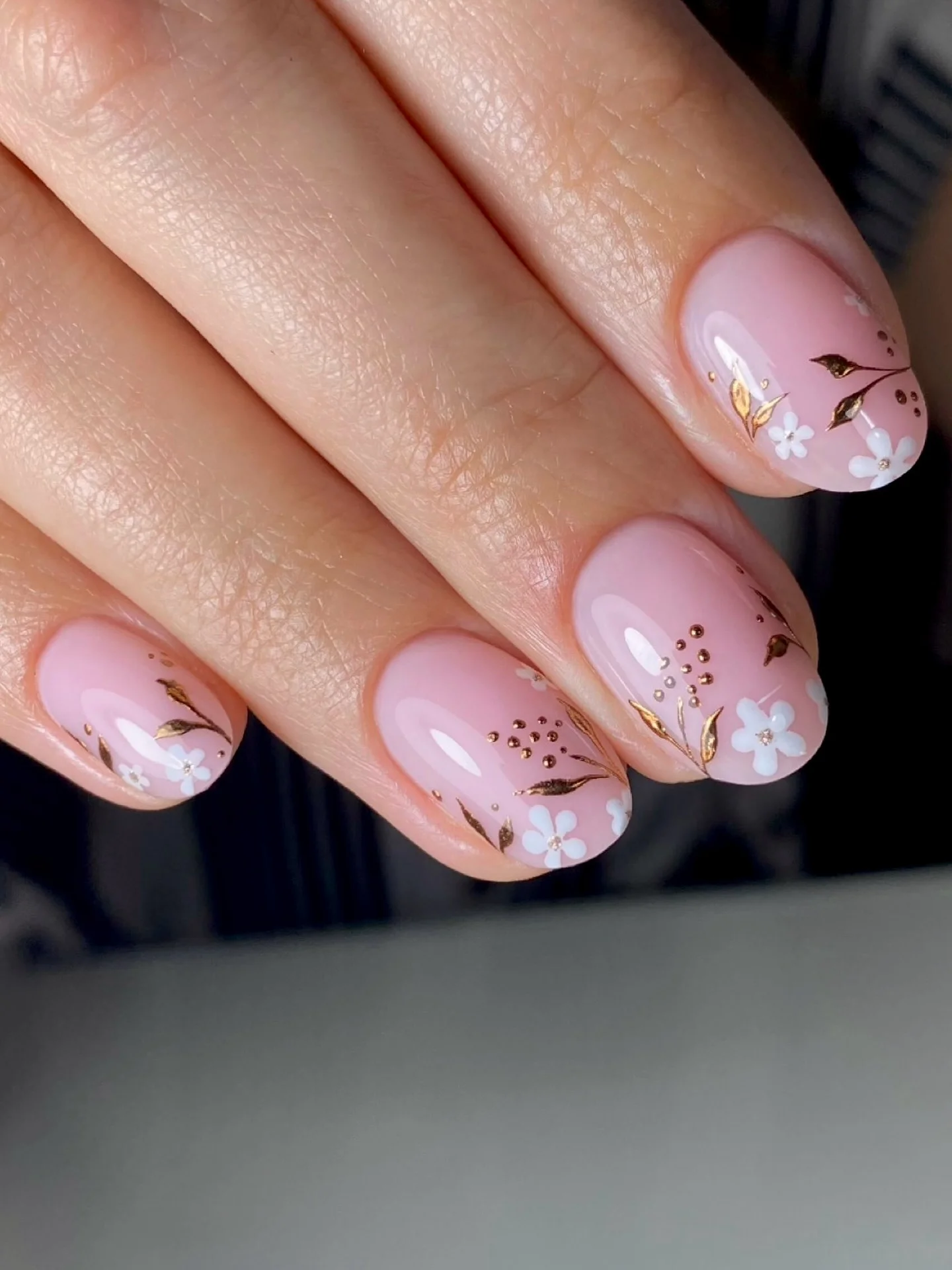 fall short nails 2026 Soft Pink Blossom Nails With Delicate Gold Botanical Details