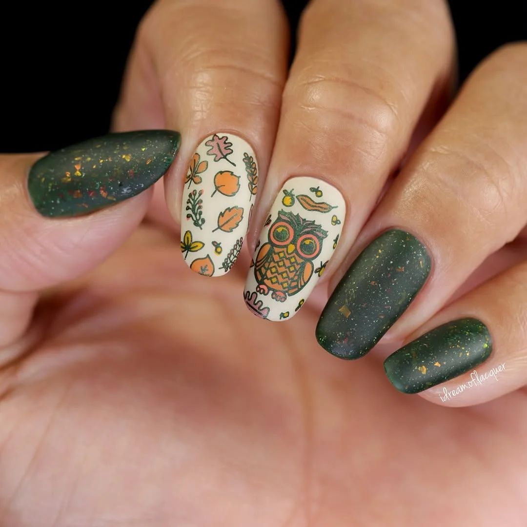 september nail art ideas 2026 Forest Green Owl Nails With Cozy September Charm