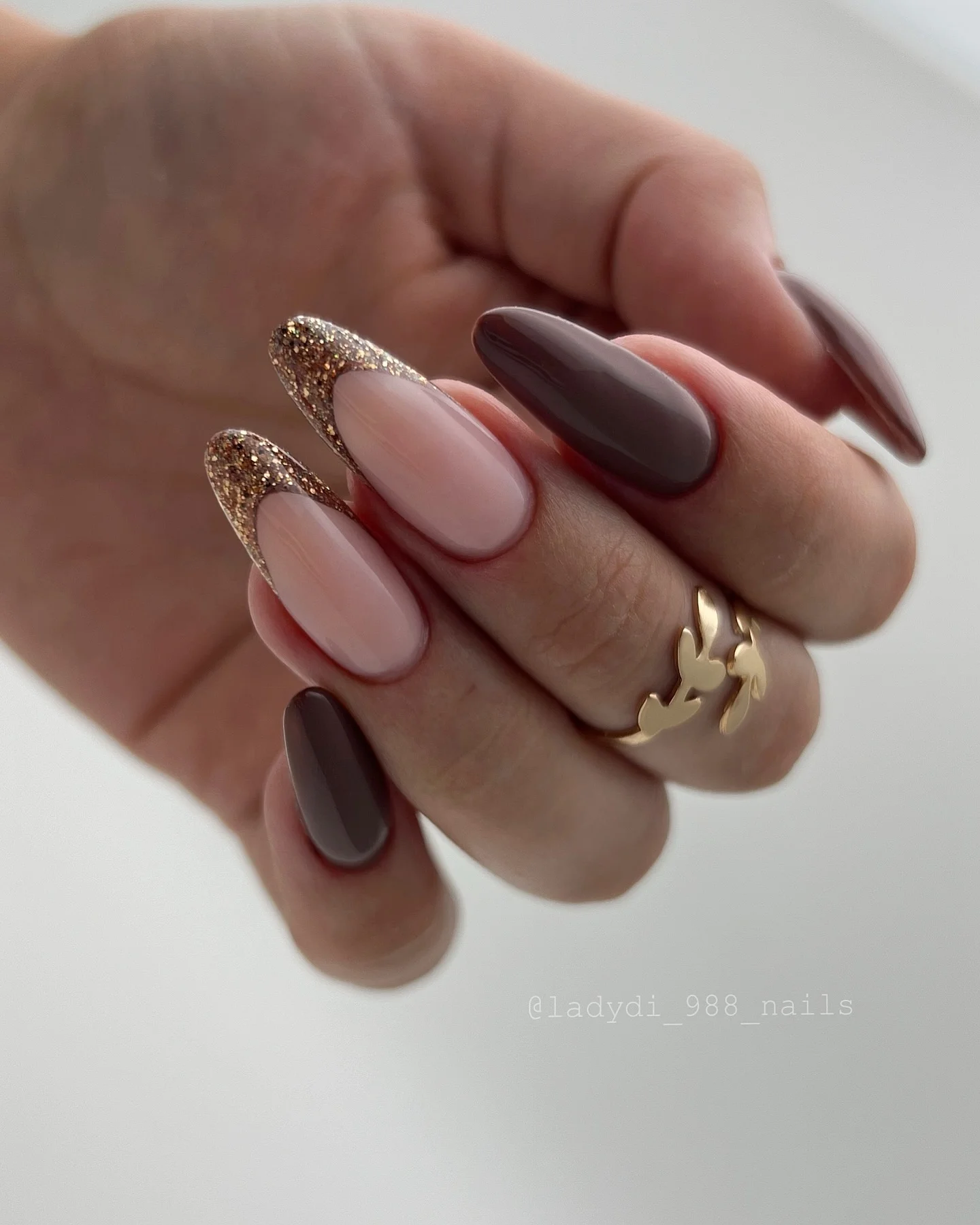fall almond nails 2026 Warm Taupe Almond Nails With Glitter French Tips