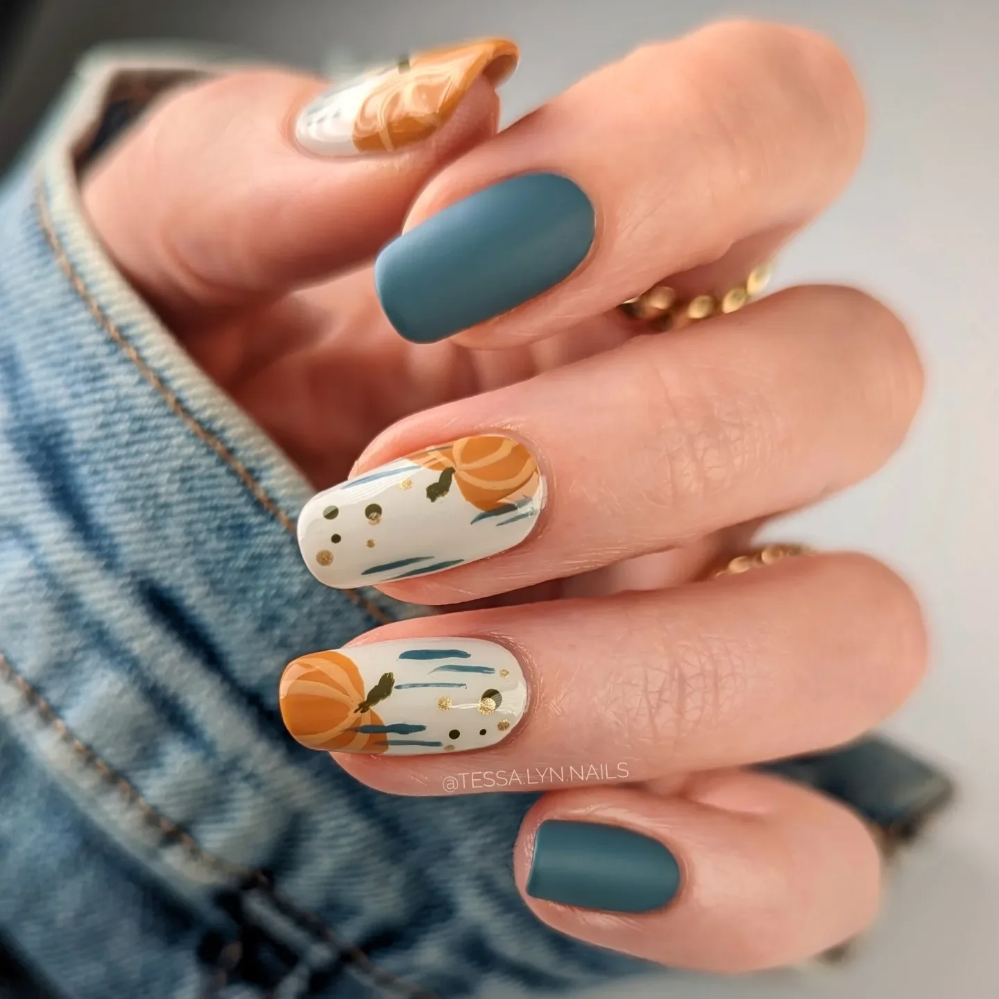 fall manicure 2026 Matte Blue Pumpkin Botanical Nails
