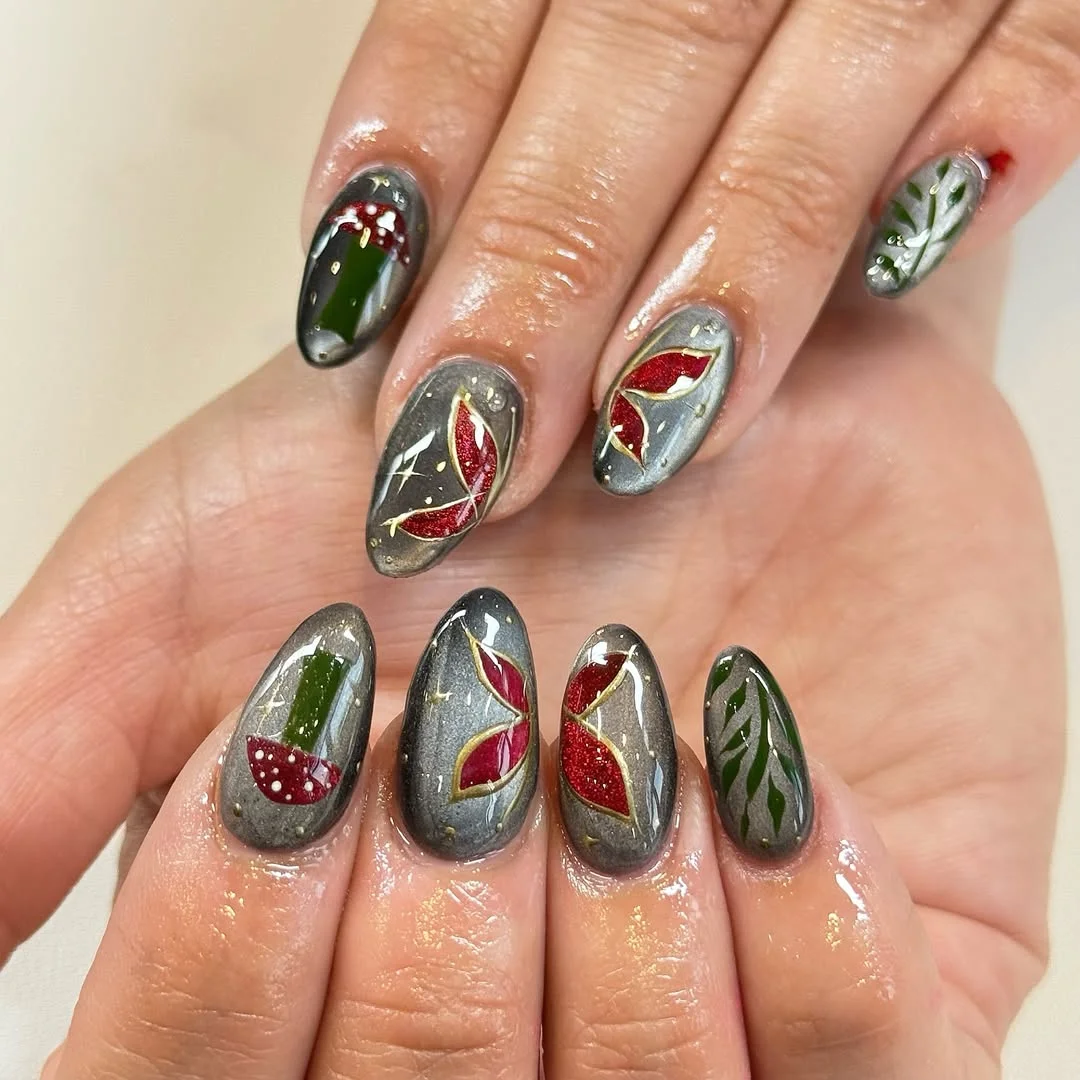 september nail art ideas 2026 Smoky Gray Woodland Forest Elegance