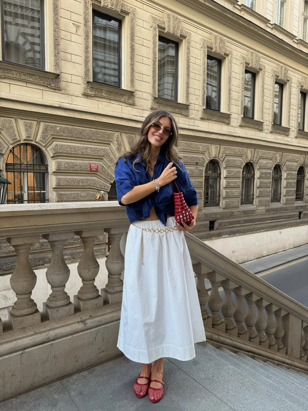 early fall outfits 2026 Navy Cropped Shirt With White Midi Skirt
