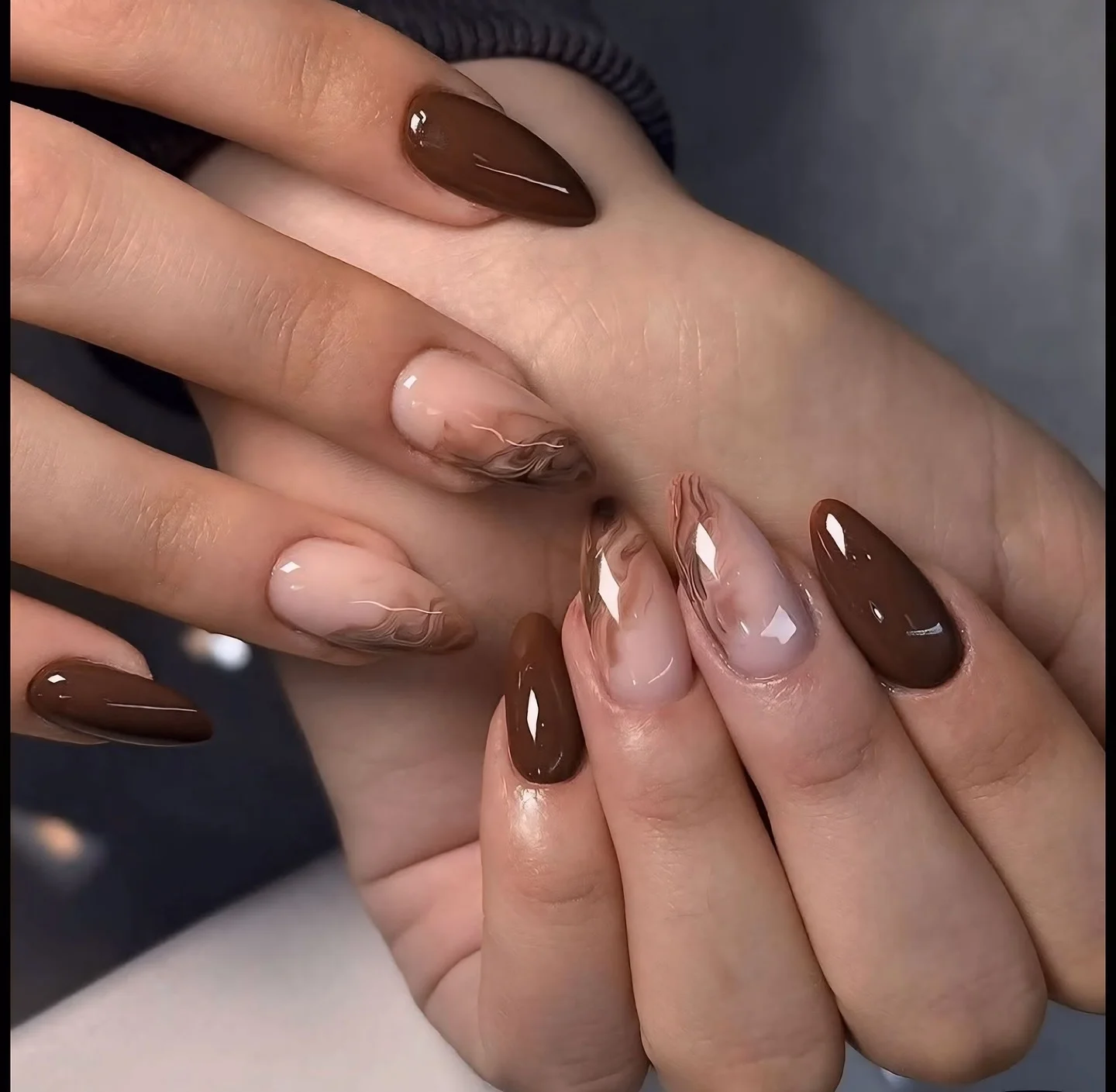 fall almond nails 2026 Rich Mocha Marble Almond Nails