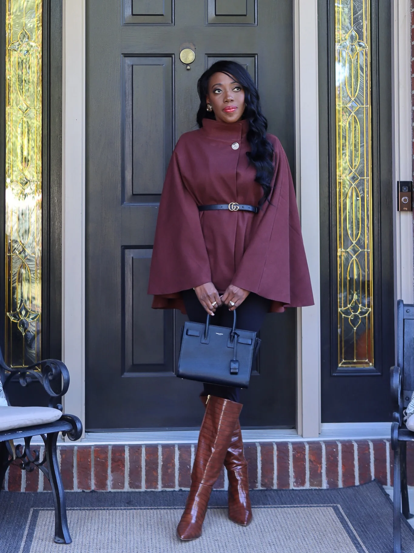 fall poncho outfits 2026 Elegant Cinnamon Poncho With Tall Leather Boots