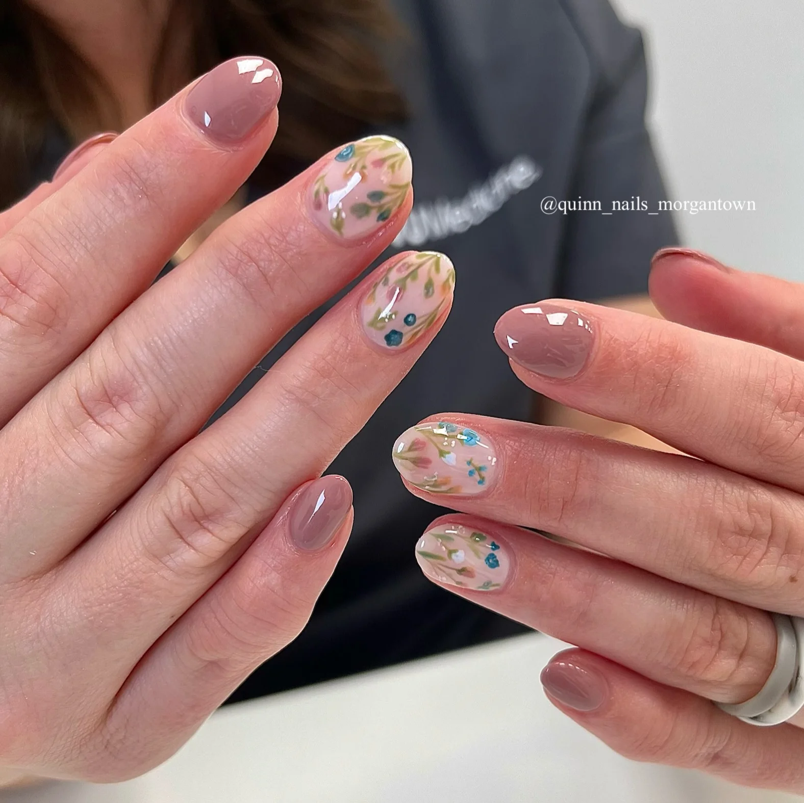 fall short nails 2026 Muted Taupe Wildflower Nails With Delicate Botanical Details