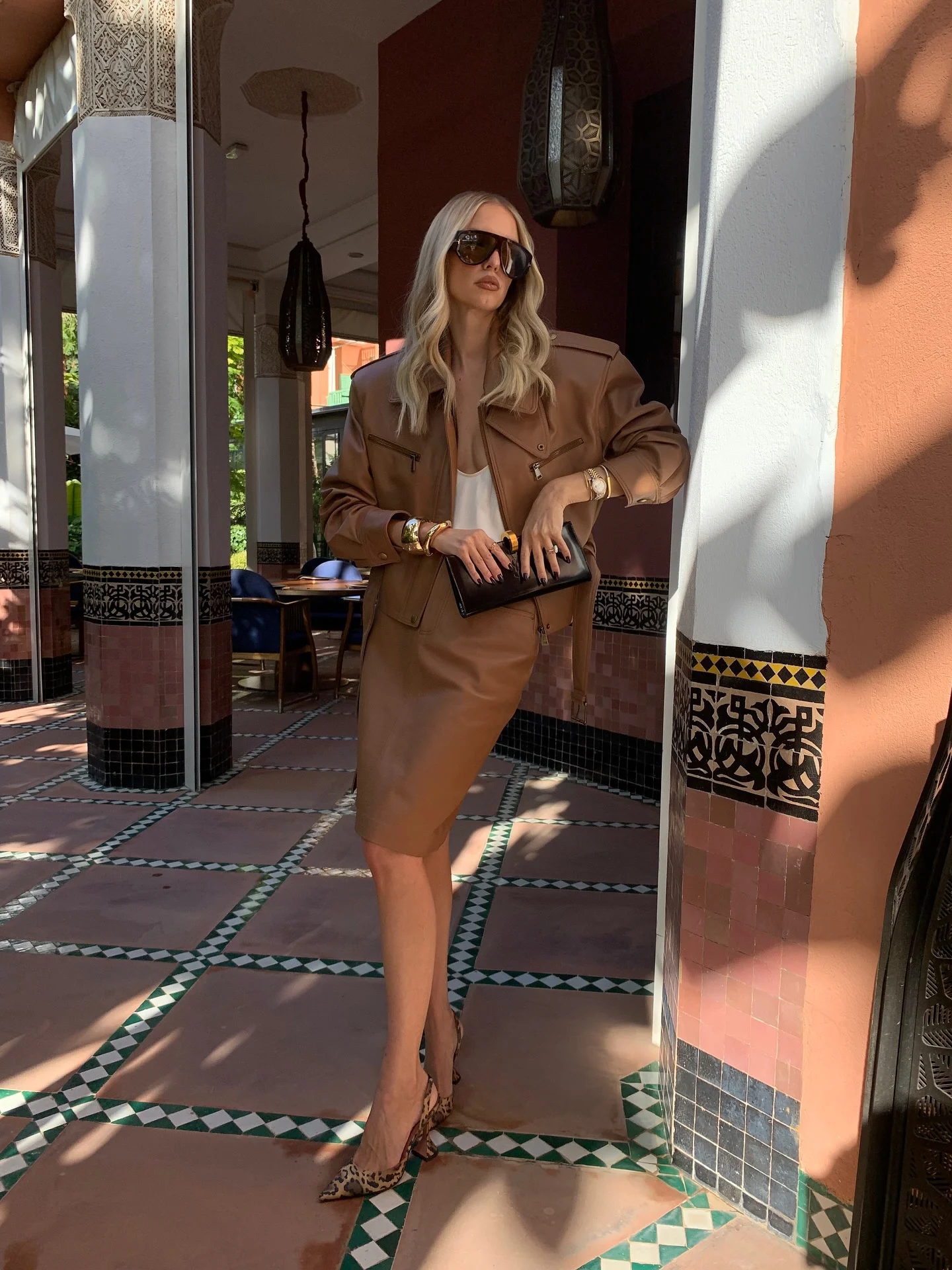 glamorous fall outfits 2026 Caramel Leather Pencil Skirt With Relaxed Moto Jacket