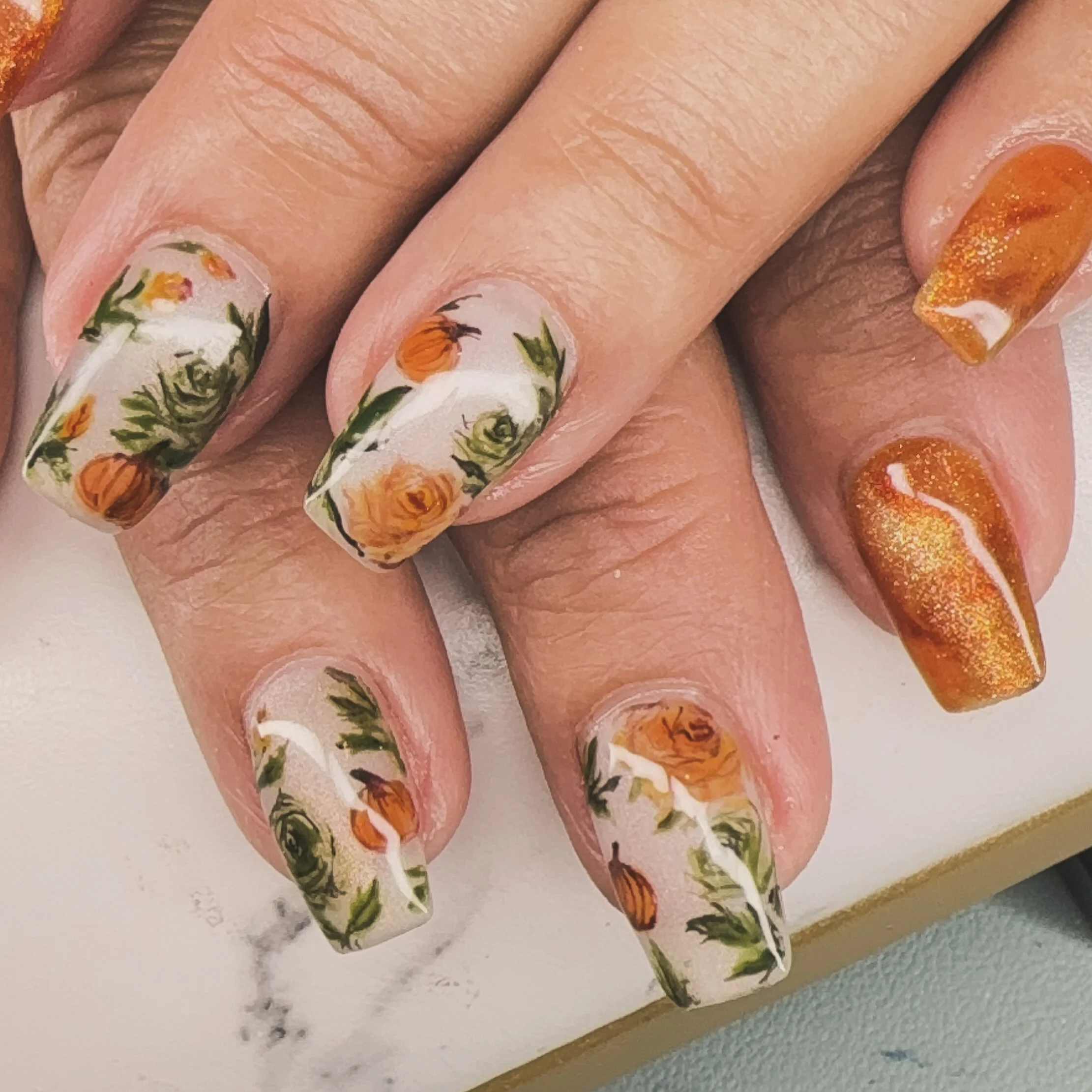 september nail art ideas 2026 Soft Vintage Floral Square Fall Manicure
