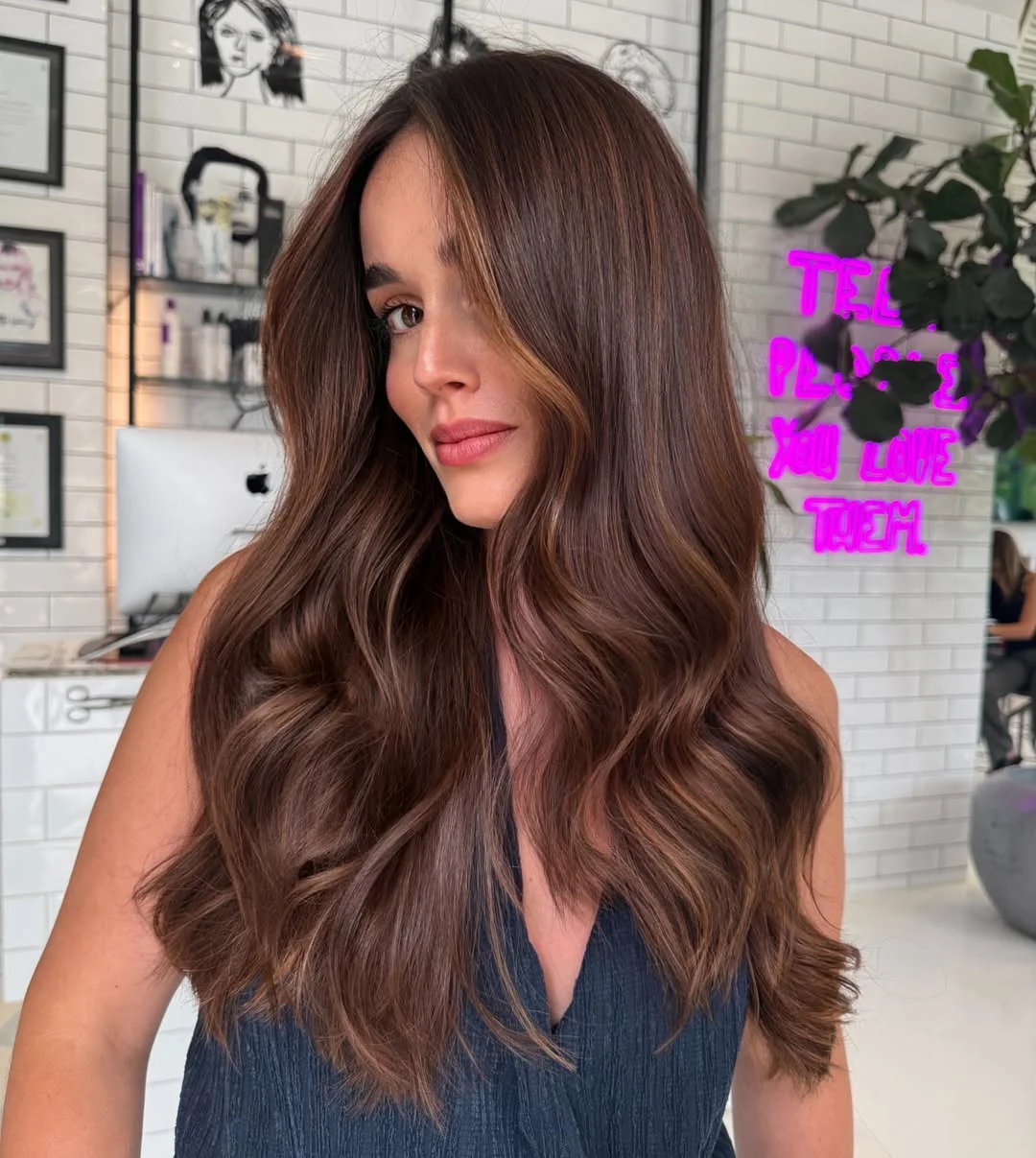 chestnut brown hair color Voluminous Waves With Chocolate Chestnut Balayage