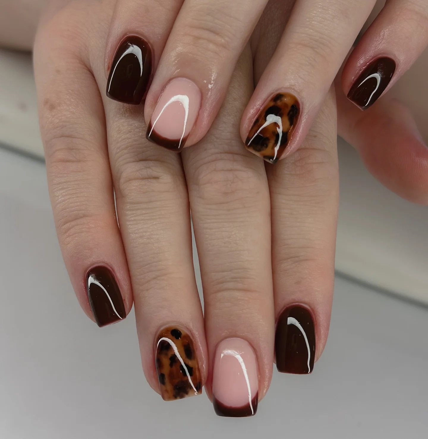 fall nail for all plates skin 2026 Glossy Chocolate French With Chic Tortoiseshell Details