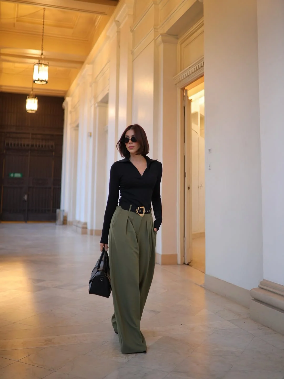 fall outfits wide leg trousers 2026 Soft Olive Trousers Balanced With A Sleek Black Top