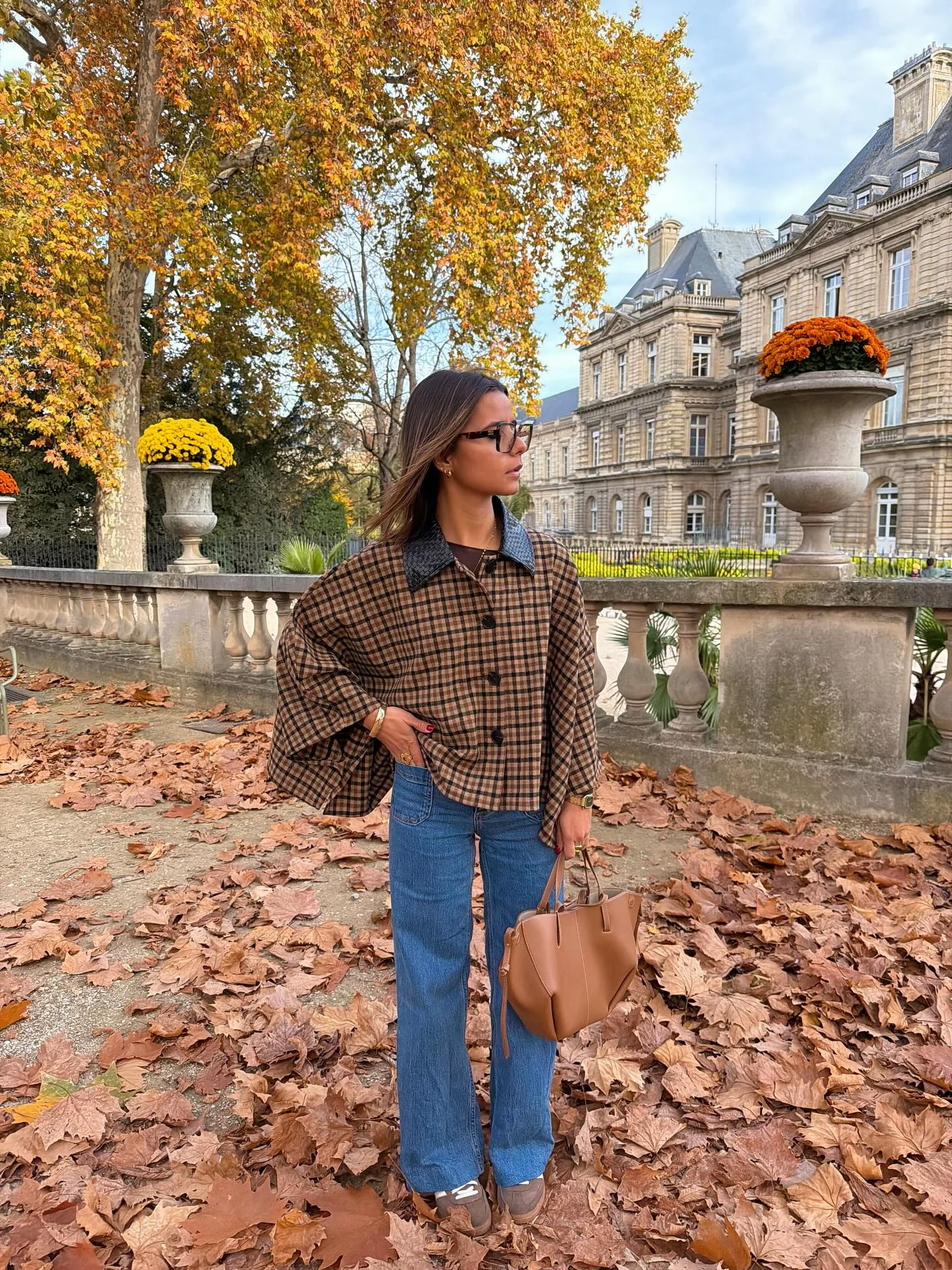 fall poncho outfits 2026 Checked Cape Jacket With Wide-Leg Jeans