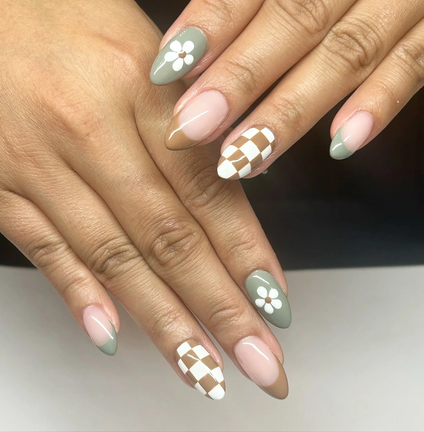 fall manicure 2026 Muted Sage And Latte Checkerboard Charm