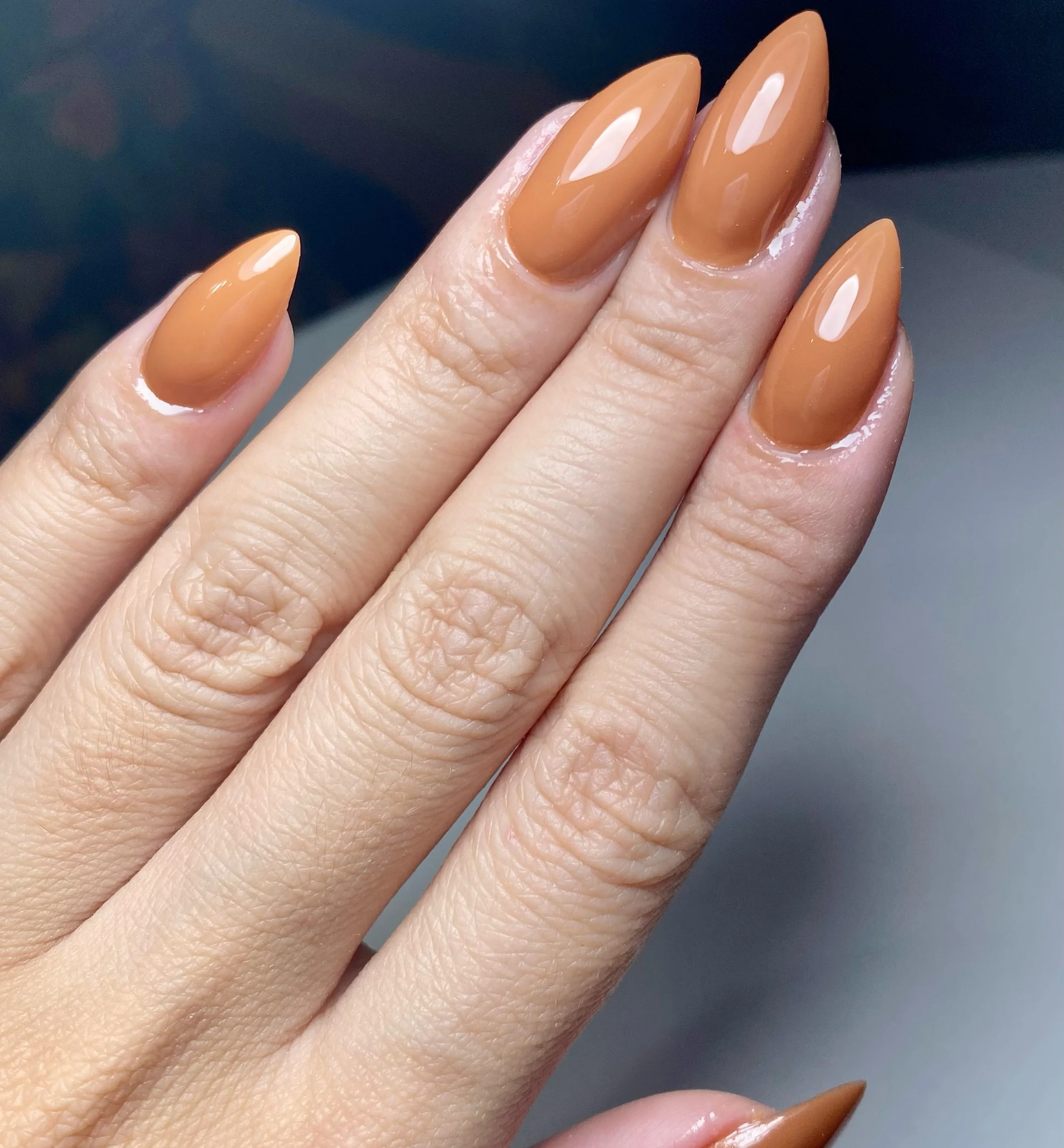 september nails color 2026 Glossy Caramel Almond Nails With Cozy Autumn Warmth