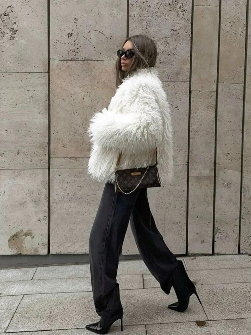 shaggy jacket White Statement Jacket With Sleek Heeled Boots
