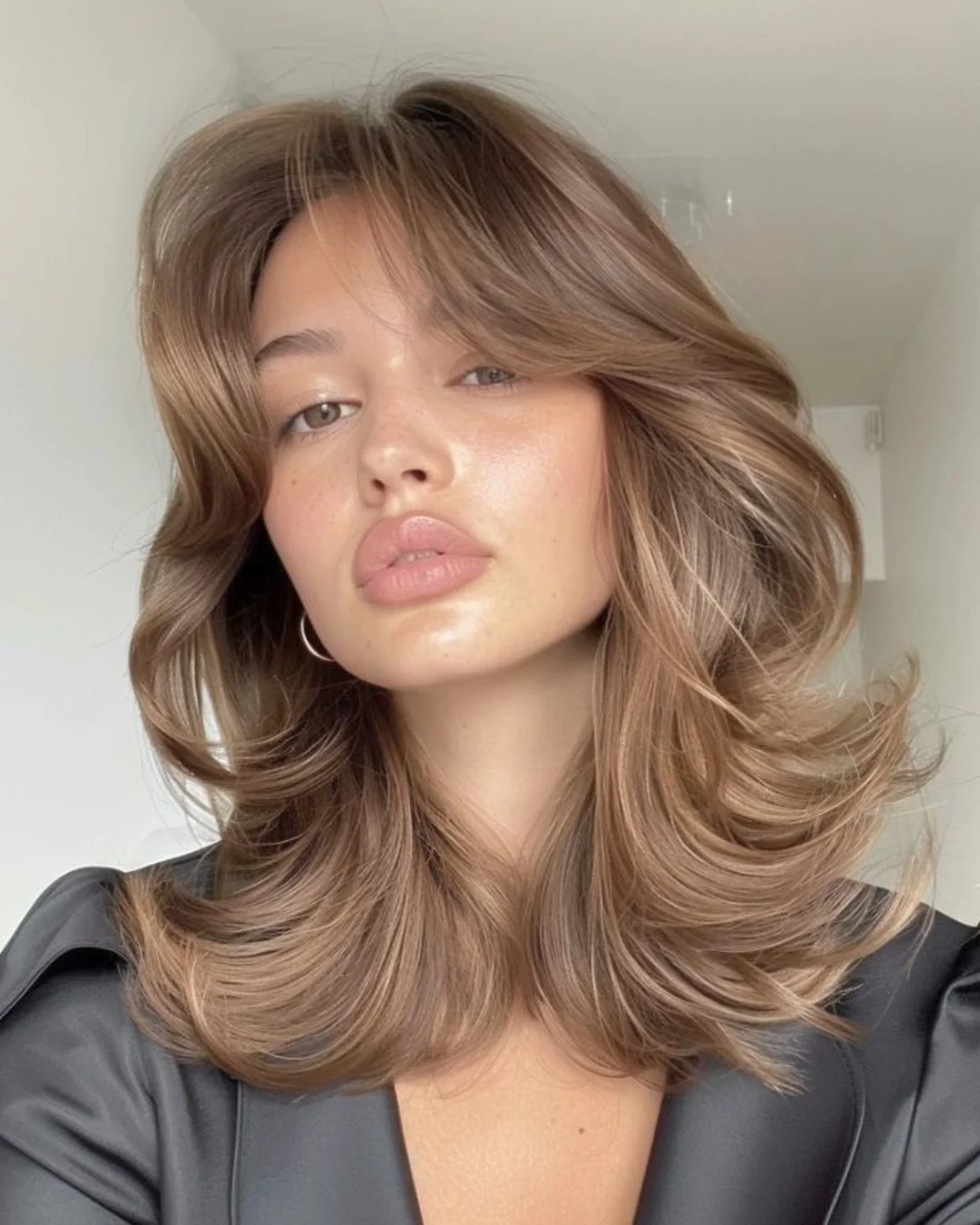 choppy medium layered hair Soft Feathered Layers With Airy Curtain Bangs