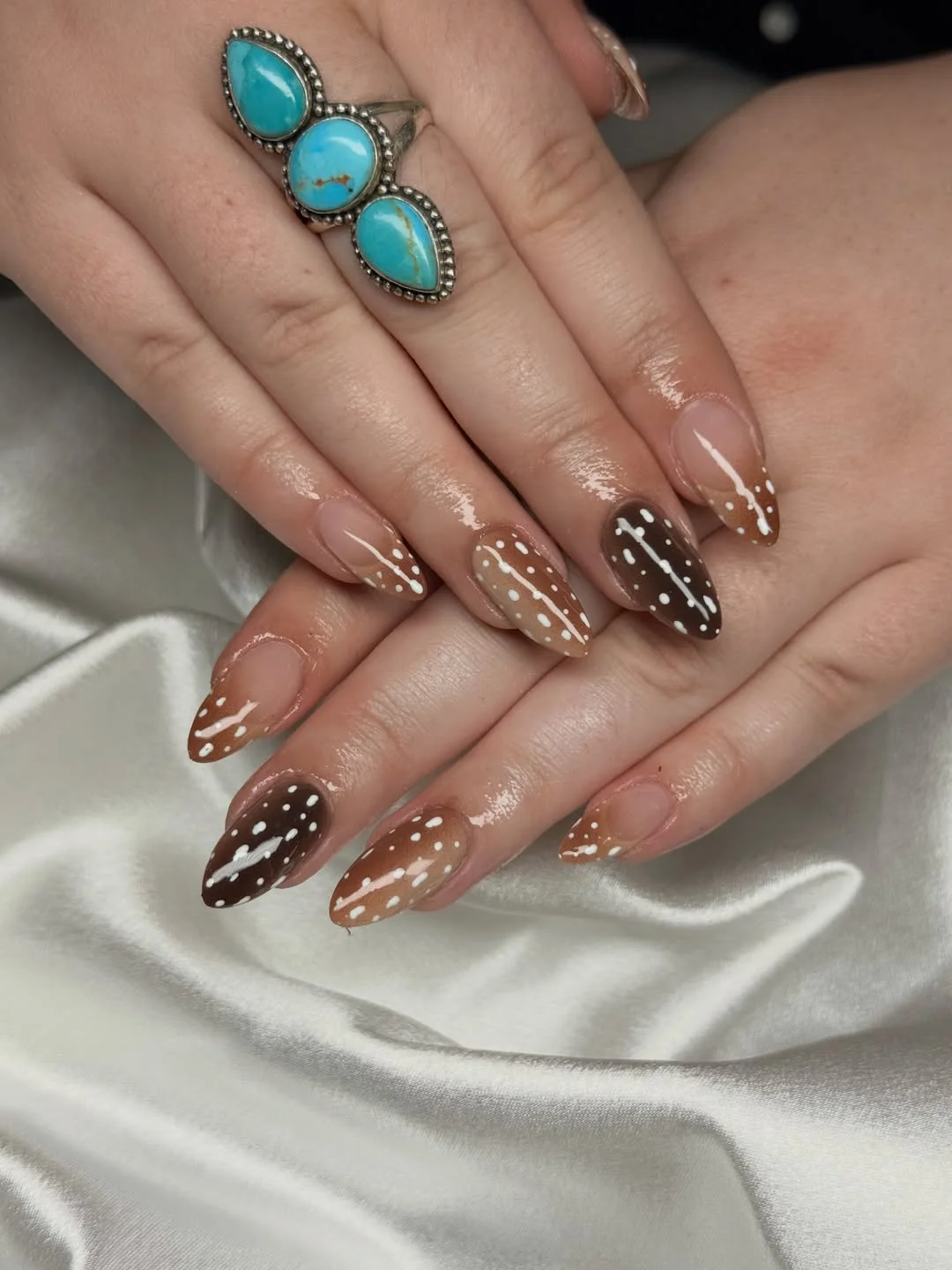 fall almond nails 2026 Western Mocha Almond Nails With Hand-Painted White Details