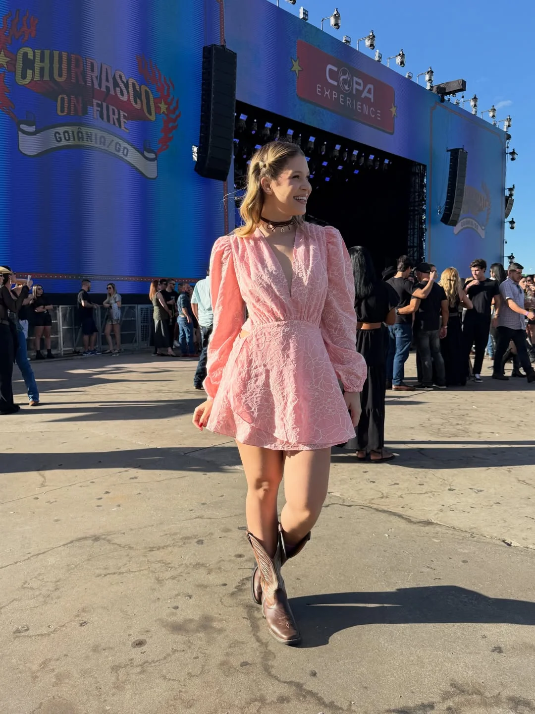 fall concert outfits 2026 Romantic Pink Mini Dress With Classic Cowboy Boots