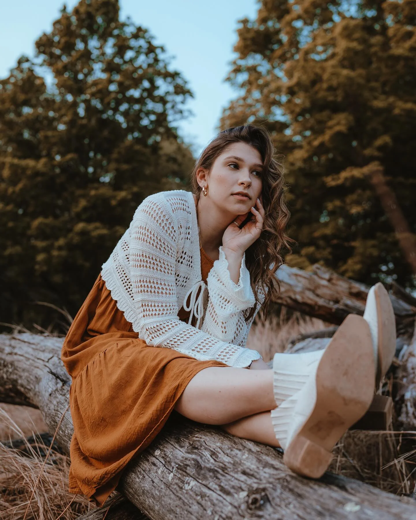 fall photoshoot outfits 2026 Rust Colored Dress With A Lightweight Crochet Cardigan