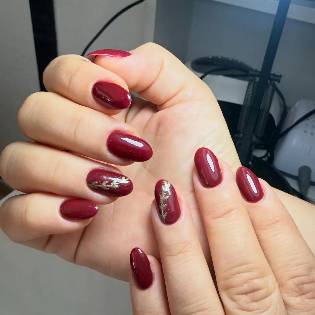 fall red nails 2026 Fall Burgundy Leaves With Metallic Botanical Accents