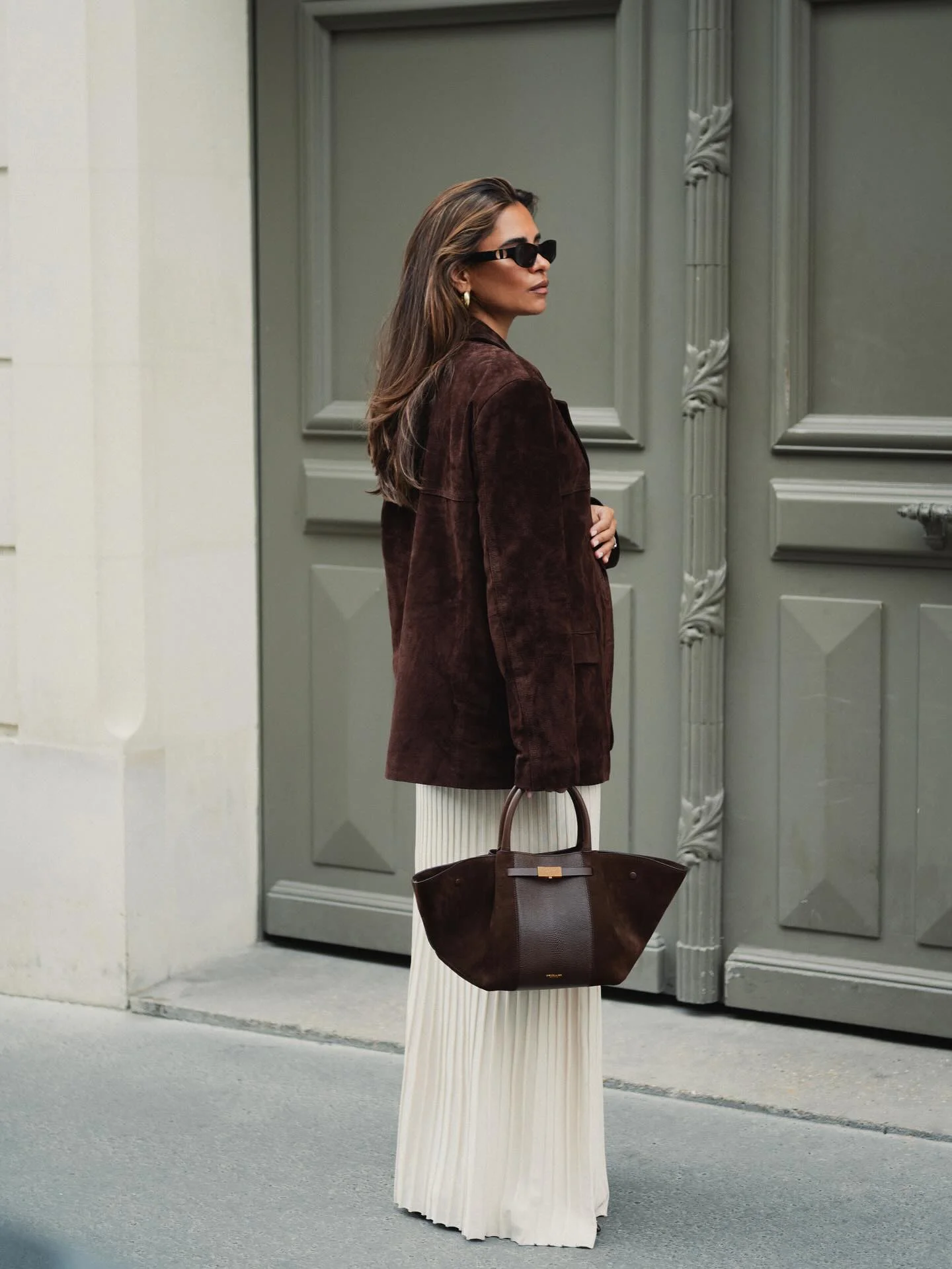 knit skirt outfits fall 2026 Chocolate Suede Jacket With A Flowing Cream Knit Skirt